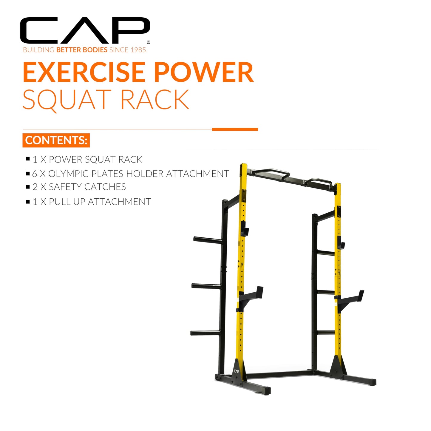 Cap Power Rack with Pull Up Bar & Attachments - Squat Rack & Strength Training Power Cage for Home Gym - Yellow