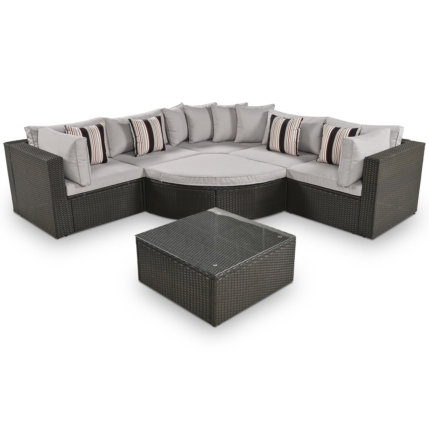 7 Piece Outdoor Wicker Patio Furniture Set, Modular Rattan Sectional Conversation Sofa with Glass Coffee Table, Cushions & Pillows, All Weather Garden Seating for Patio, Deck, Backyard, Brown