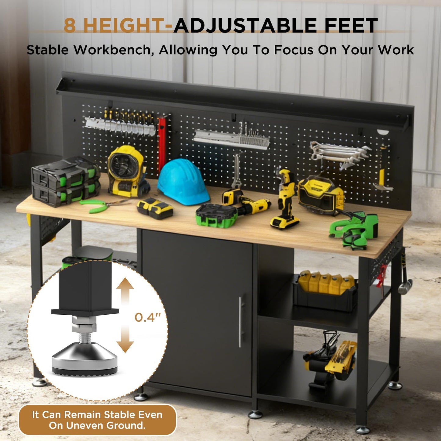 KEIKI 60 Inch Heavy Duty Workbench with Cabinet and Pegboard, Wooden Top Large Garage Work Table with Power Outlet and Open Side Shelves, 2000 lbs Capacity Steel Frame for Shop, Black