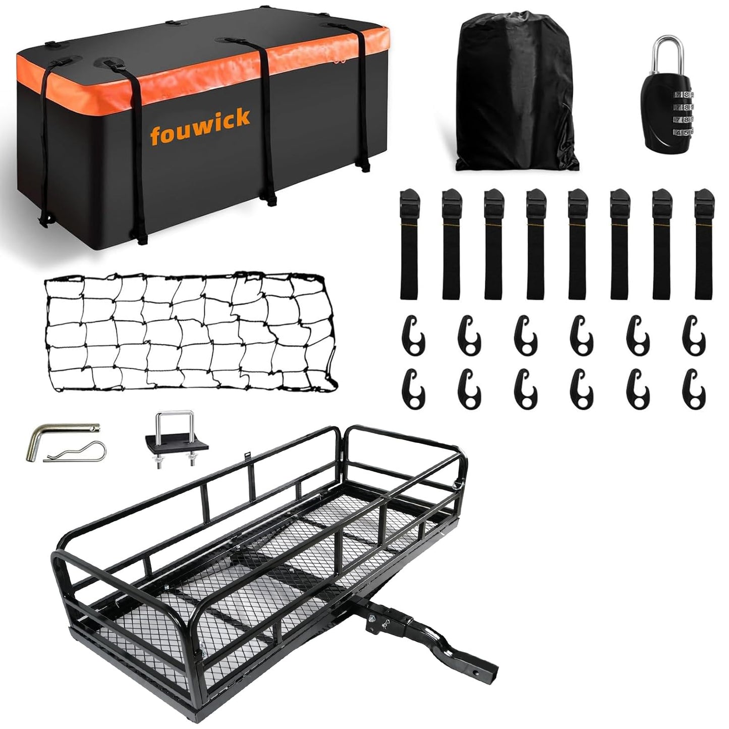fouwick 60" x 24" x 13" Hitch Cargo Carrier, 600 Lbs Heavy Duty Folding Luggage Rack for SUV & Truck, Steel Mesh Cargo Carrier Hitch Mount Fits 2" Receiver，with 57x22x13 Waterproof Bag