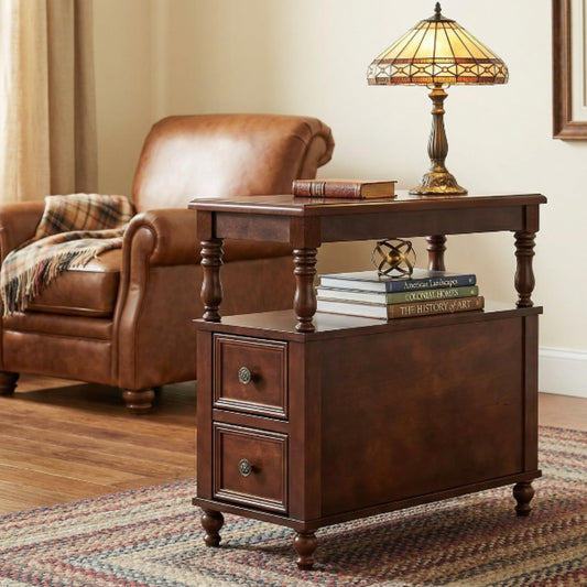 Tribesigns Cherry Finish Wood End Table with 2 Drawers, Mid-Century Wooden Slim Side Table Nightstands with Storage Shelf, Accent Table for Living Room, Easy to Assemble