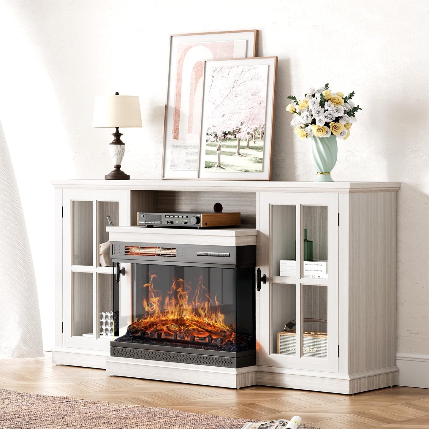 YESHOMY Glass Fireplace TV Stand for TVs up to 65 Inch, Media Entertainment Center with Storage, White Wash