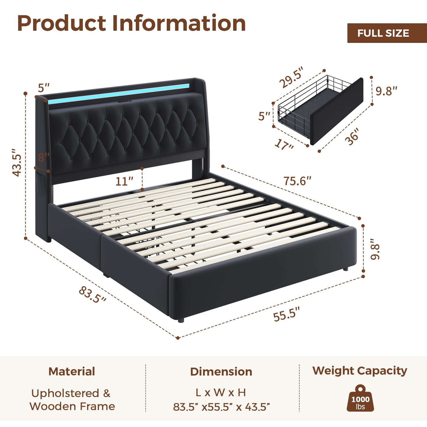 Full LED Velvet Bed Frame with 2 Storage Drawers&Hidden Headboard, Upholstered Platform Bed with Charging Station&Button Tufted Design, Wooden Slats Support, Box Spring Optional, Easy Assembly, Black