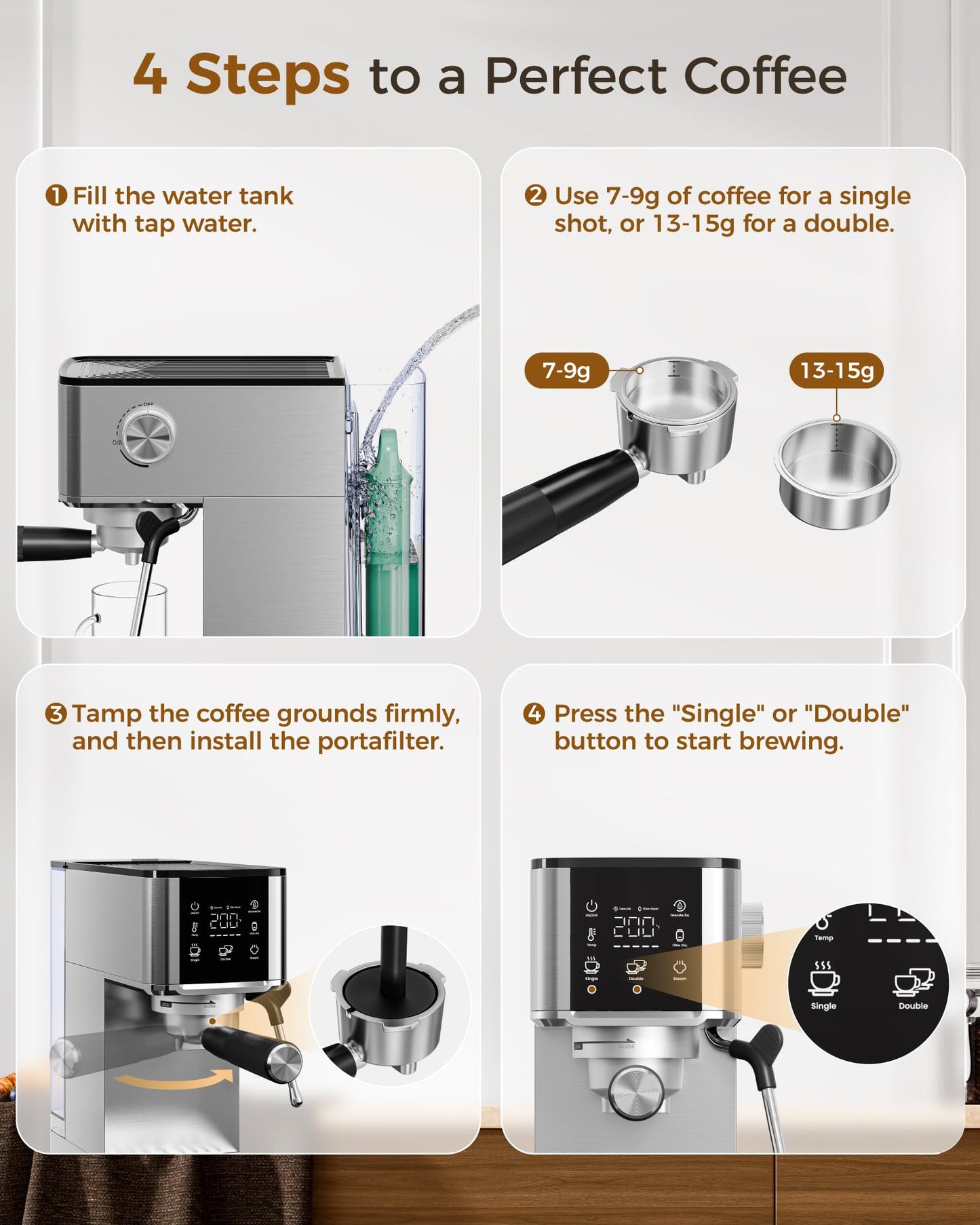 Waterdrop MC-02C Semi-Automatic Espresso Machine, TDS Reduction Preserves Beneficial Minerals, 20 Bar Pressure, Coffee Maker with 40oz Water Tank, Powerful Steam Wand for Lattes, Cappuccinos and More