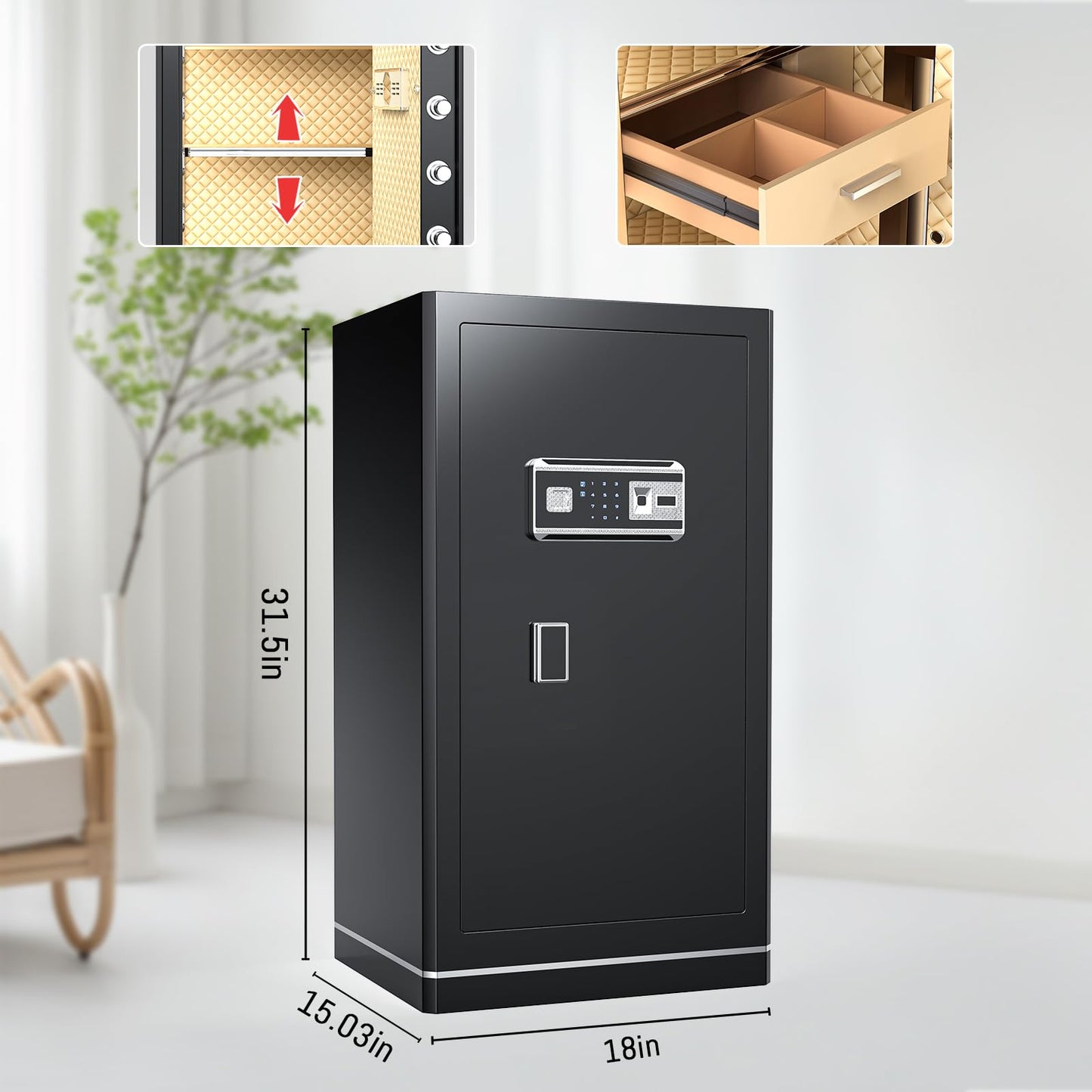6.5 Cuft Biometric Safe,Home Safe with Fireproof Waterproof Bag,Anti-Theft Digital Security Lock Box with Smart Alert System,Removable Shelf,Built-in Drawer,Personal Document Safes for Money Jewelry
