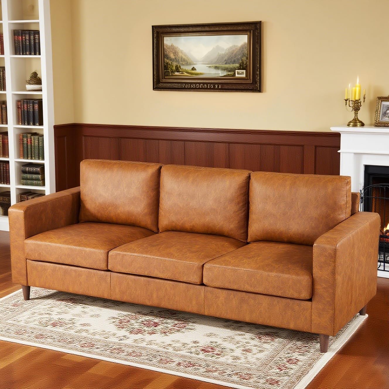 IDEALHOUSE Leather Couch 85 inch, Modern Deep Seat Sofa 3 Seater with Padded Backrest & Comfy Cushions, Faux Leather Couch for Living Room, Bedroom, Office