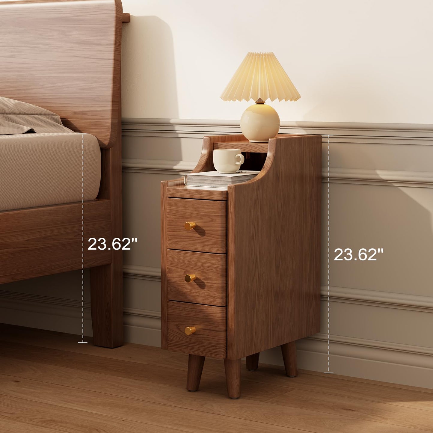 Solid Wood Narrow Nightstand with Drawers,Walnut Nightstand Wood Bedside Table Modern for Bedroom,Study,Toilet