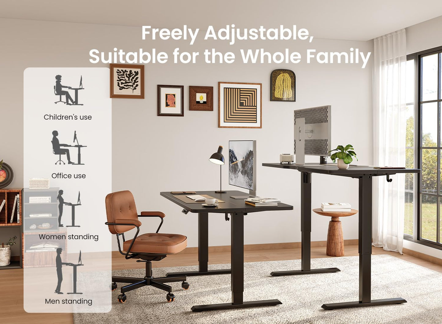 BANTI 55 × 28 Inches Standing Desk, Ergonomic, Electric Height Adjustable, Sit and Stand Up, Computer Desk with a Deeper Desktop, Black Frame/Black Top