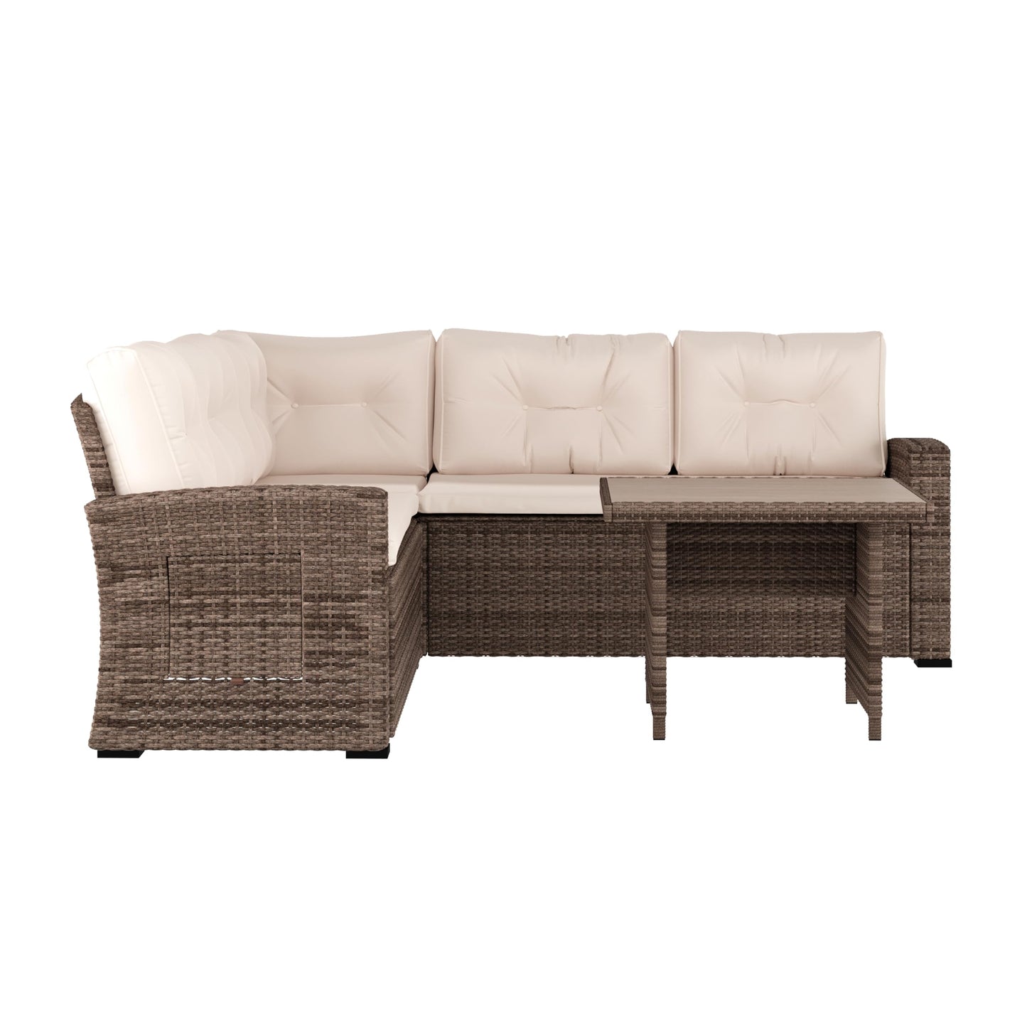 Flash Furniture Huck Wicker Rattan Conversation Set, Versatile Indoor/Outdoor Use, L-Shaped Sofa and Dining Table, Weather-Resistant Cushions, Beige/Brown