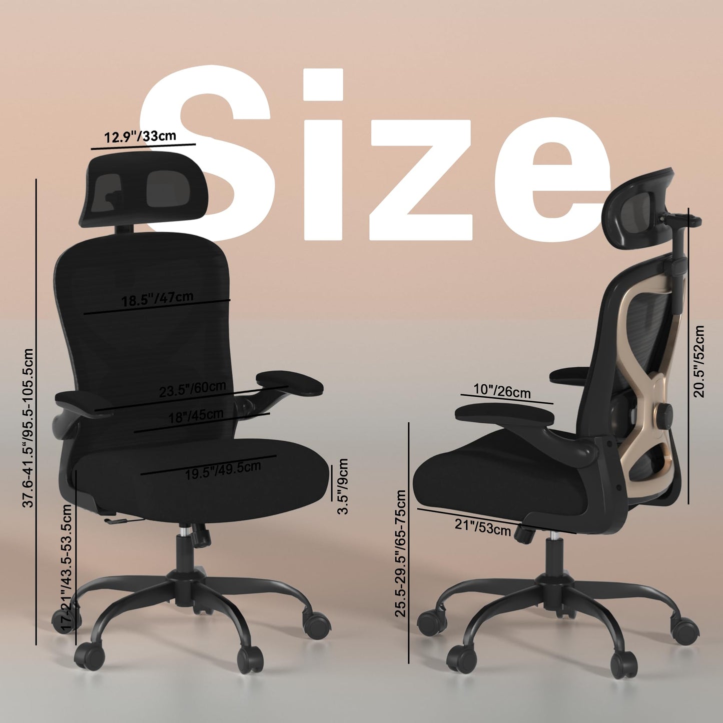Ergonomic Office Chair, Mesh Desk Chair with Headrest, Lumbar Support, Thick Seat Cushion, Flip-up Arms, High Back Computer Task Chairs for Home Office, Black/Gold