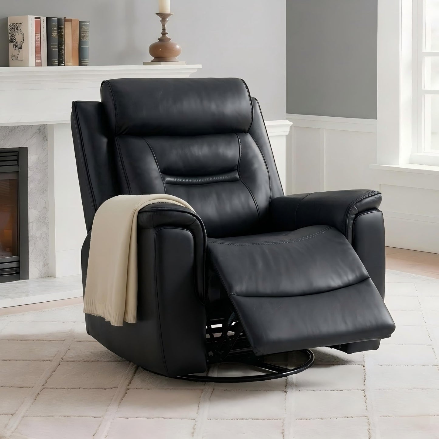 KISLOT Leather Recliner Chair, 360° Swivel Rocker Faux Leather Manual Recliner with Adjustable Backrest & Footrest Ergonomic Single Lounge Chair for Living Room, Bedroom, Home Theater