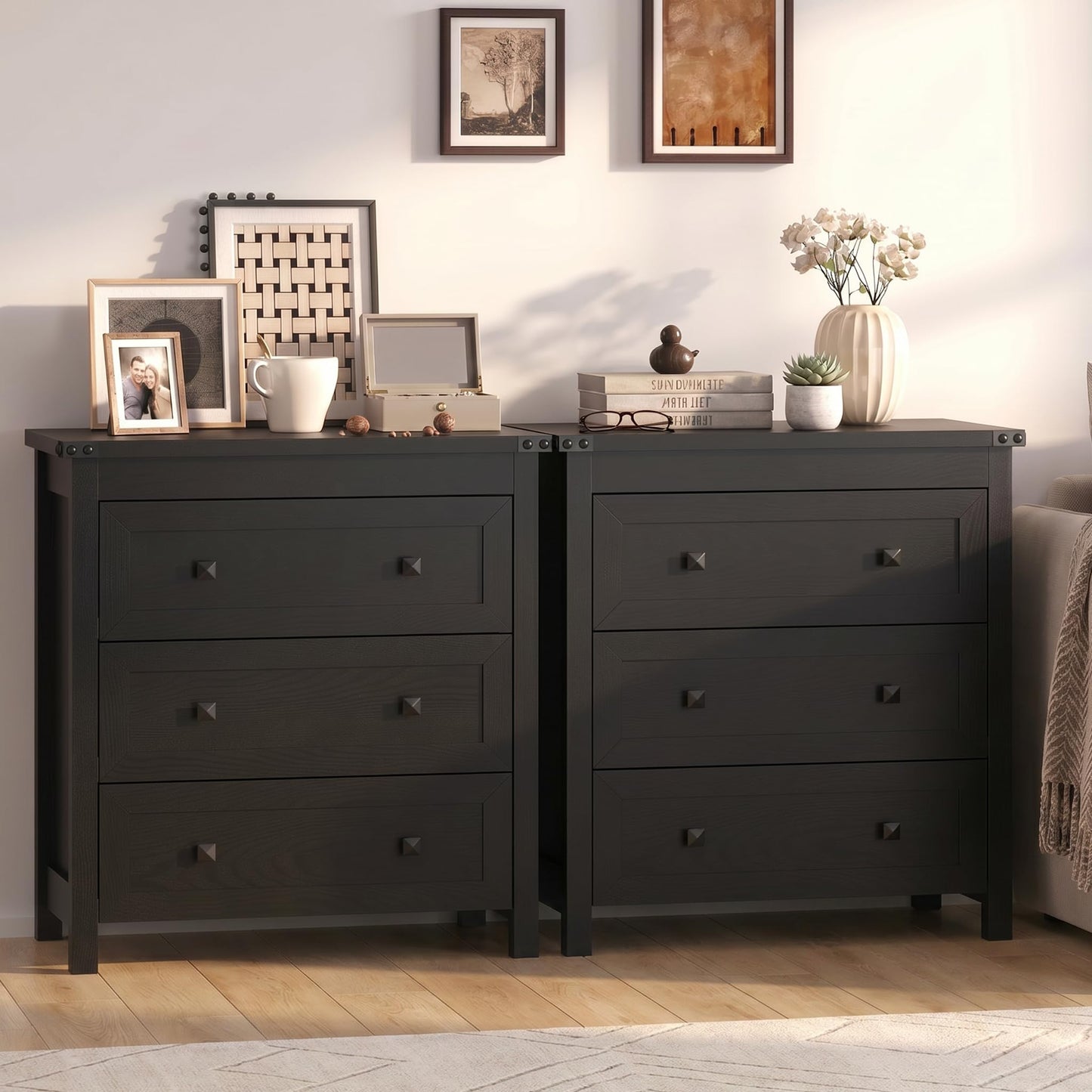 BORNOON 3-Drawer Night Stand Set of 2, Modern Bedside Table Dresser with Metal Handles, Sturdy Wooden End Side Table Storage Cabinet with Anti-Tipping Design for Bedroom