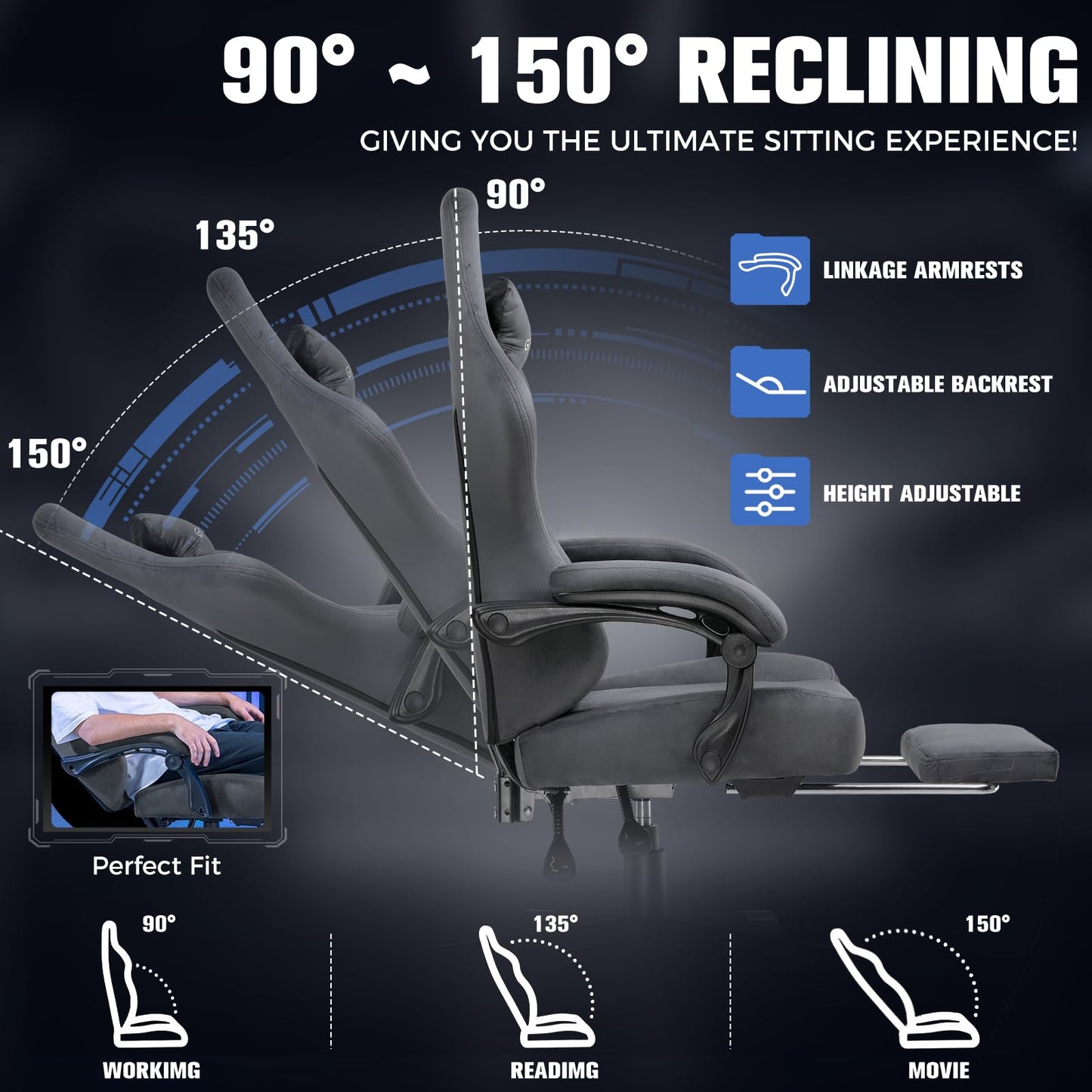 GTPLAYER Big and Tall Gaming Chair 400lbs Heavy Duty Office Chair with Foot Rest, High Back Pocket Spring Ergonomic Computer Chair for Adults, Wide Comfy Seated Cushion with Linkage Armrests, Grey
