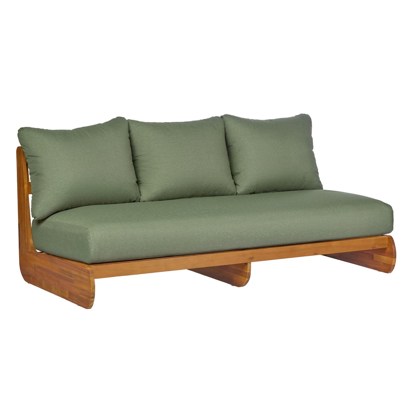 Merax Outdoor Acacia Wood Sofa with All-Weather Cushions, Patio Low 3-Seater Lounge Sofa for Porch, Lawn, Backyard, Balcony, Green+Teak