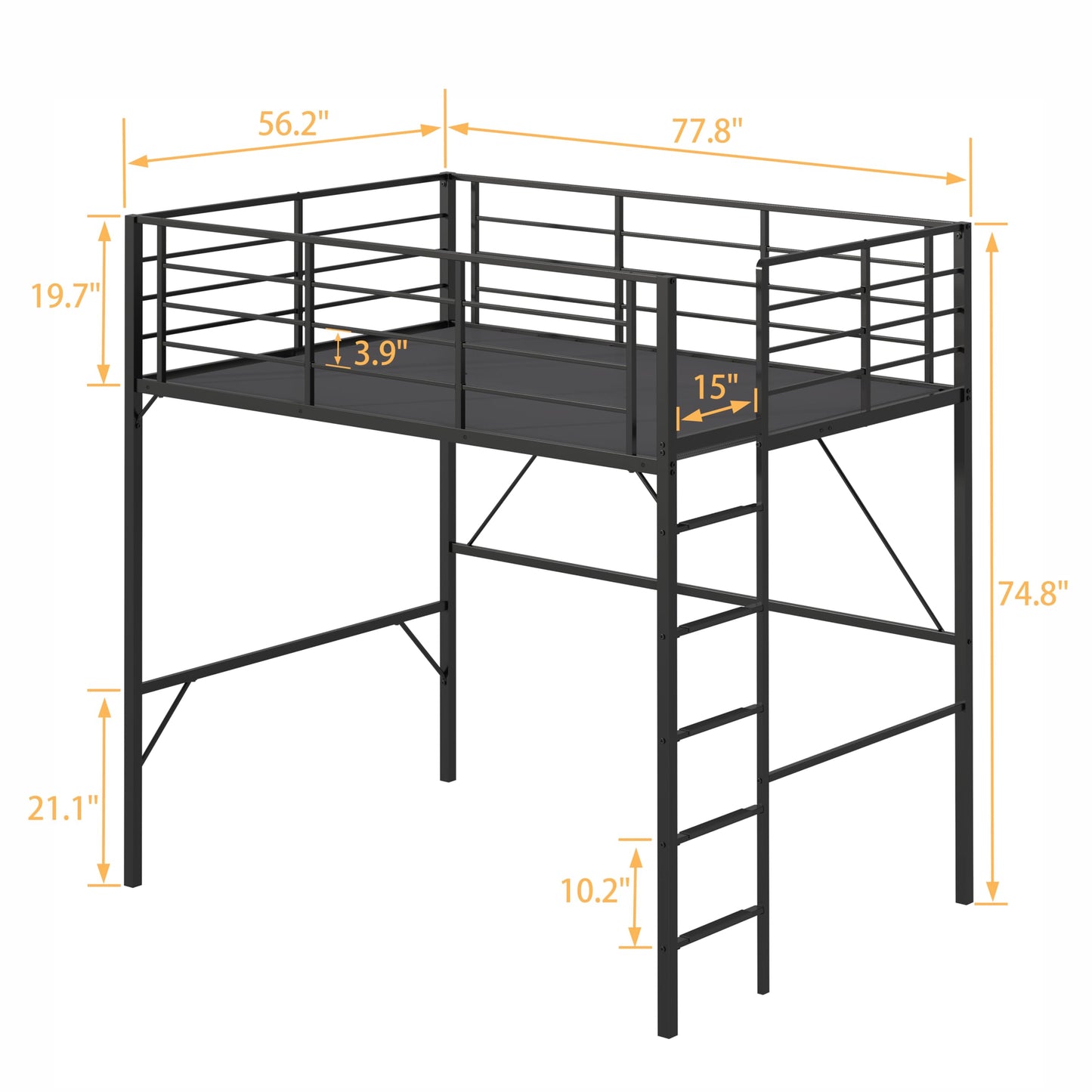Realhotan 75Inch Full Loft Bed with Ladder and High Guardrail, No Box Spring Required,Space-Saving,No Sagging Metal Slat Support Heavy Duty Bedframe, Black