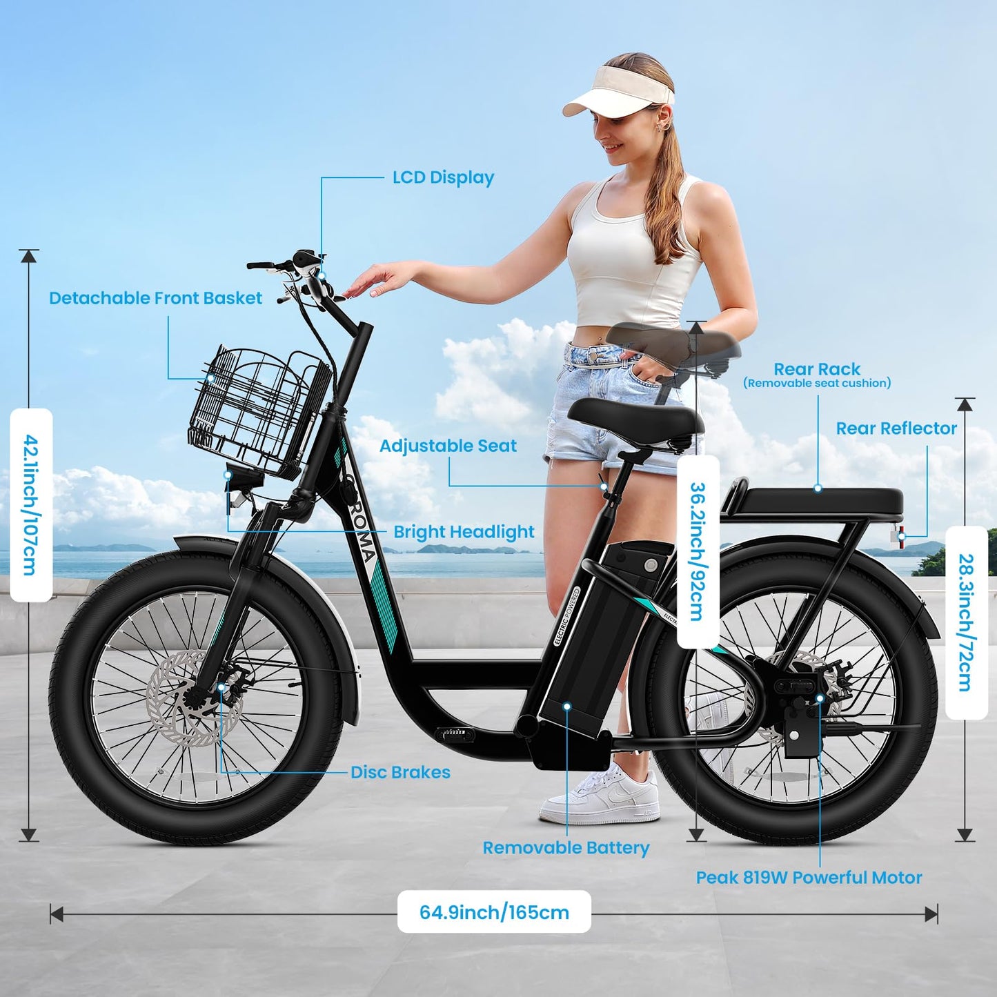 Caroma Peak 500W Electric Scooter with Seat, 20" X 3" Off-Road Tires, 36V Battery, 15Miles Range, 20MPH Top Speed, Adjustable Electric Scooter for Adults with Basket(Black)