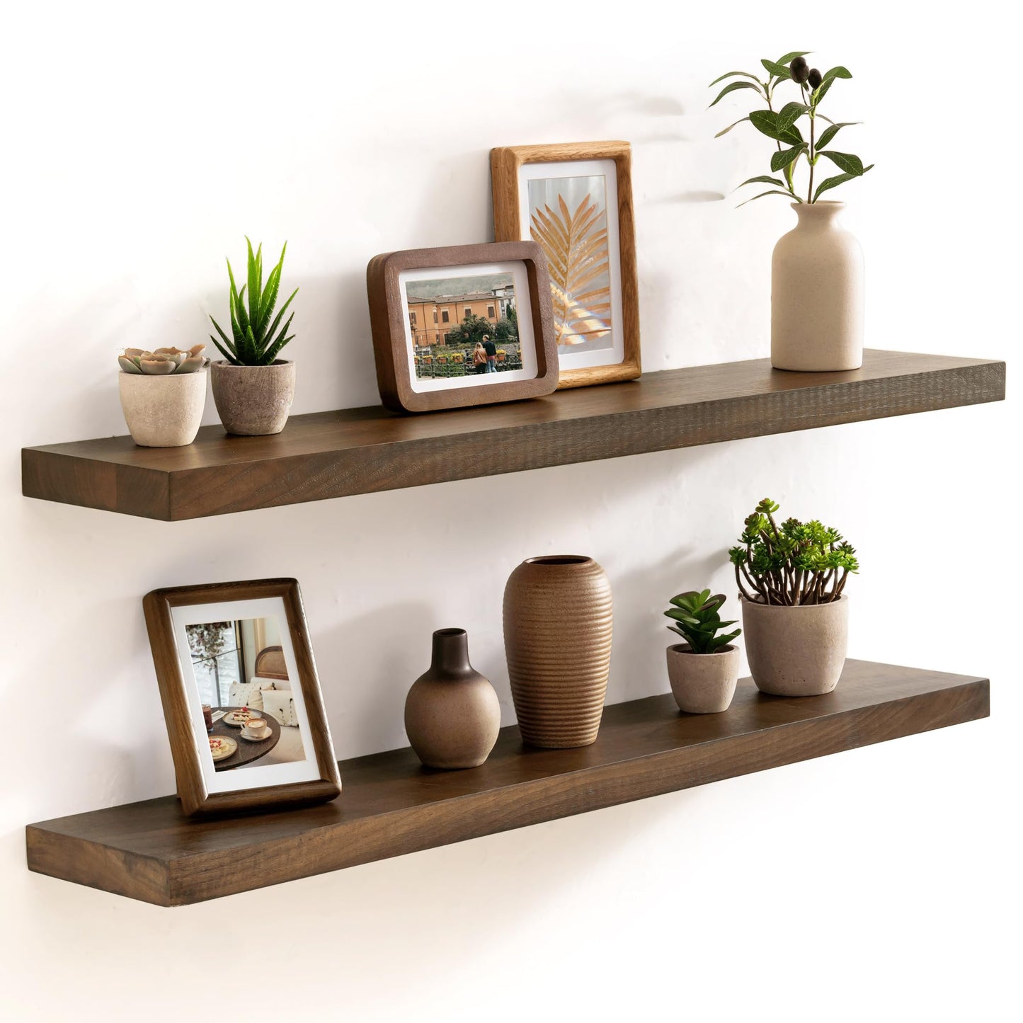 Acovy Floating Shelves, USA-Sourced Walnut Wood 36 Inch Wide x 6.7 Inch Deep Floating Shelves, Natural Wooden Shelves for Bedroom Living Room Home Office, Set of 2