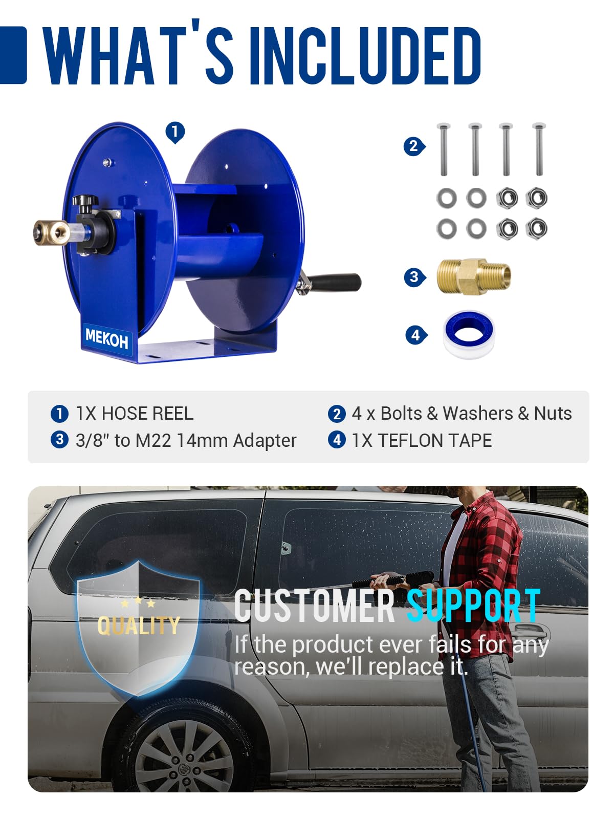 MEKOH Pressure Washer Hose Reel 150FTx3/8”, 300FTx1/4” Manual Power Washer Hose Reel with M22 14mm Fitting,4500PSI Heavy Duty Hose Reel for Water,High Pressure Metal Reel with Wall/Van/Trailer Mount