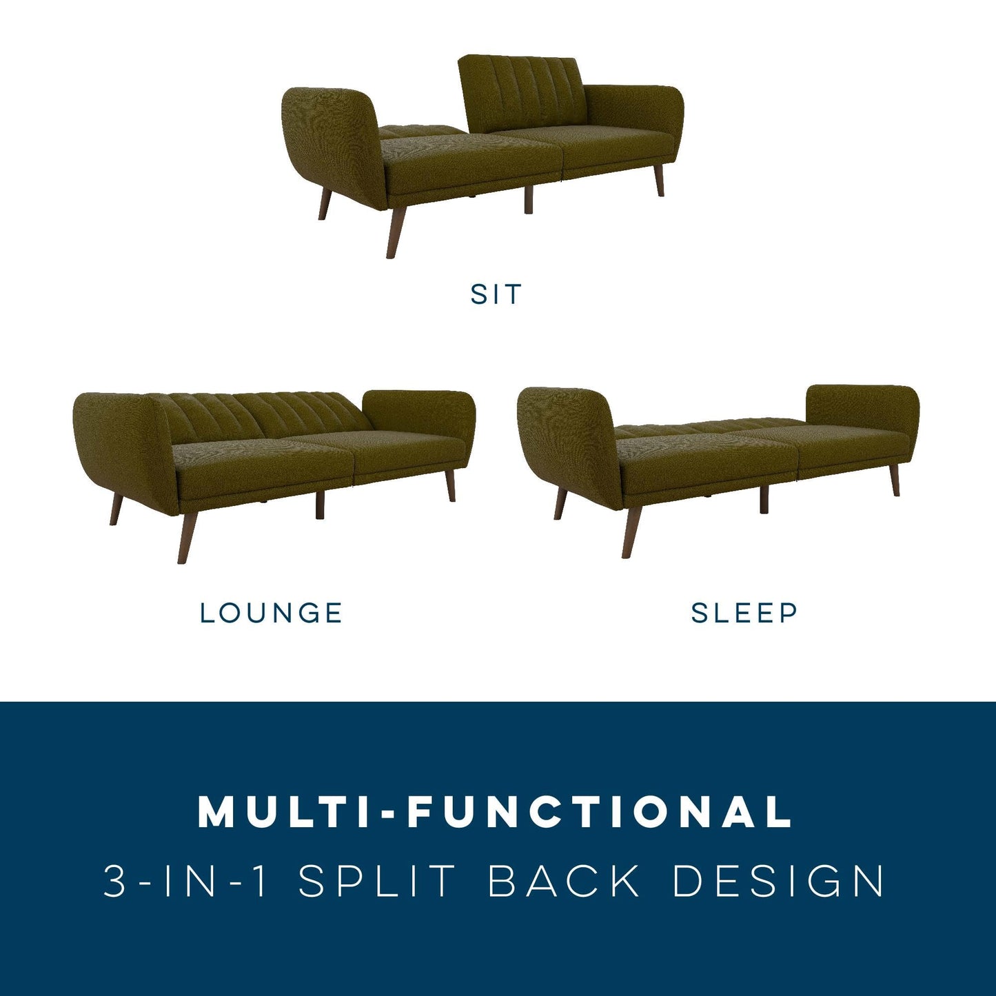 Novogratz Brittany 82 Inch Futon Sofa Bed in Faux Leather, Upholstered Couch Sleeper with Tufted Back, Mid-Century Modern Design, Green
