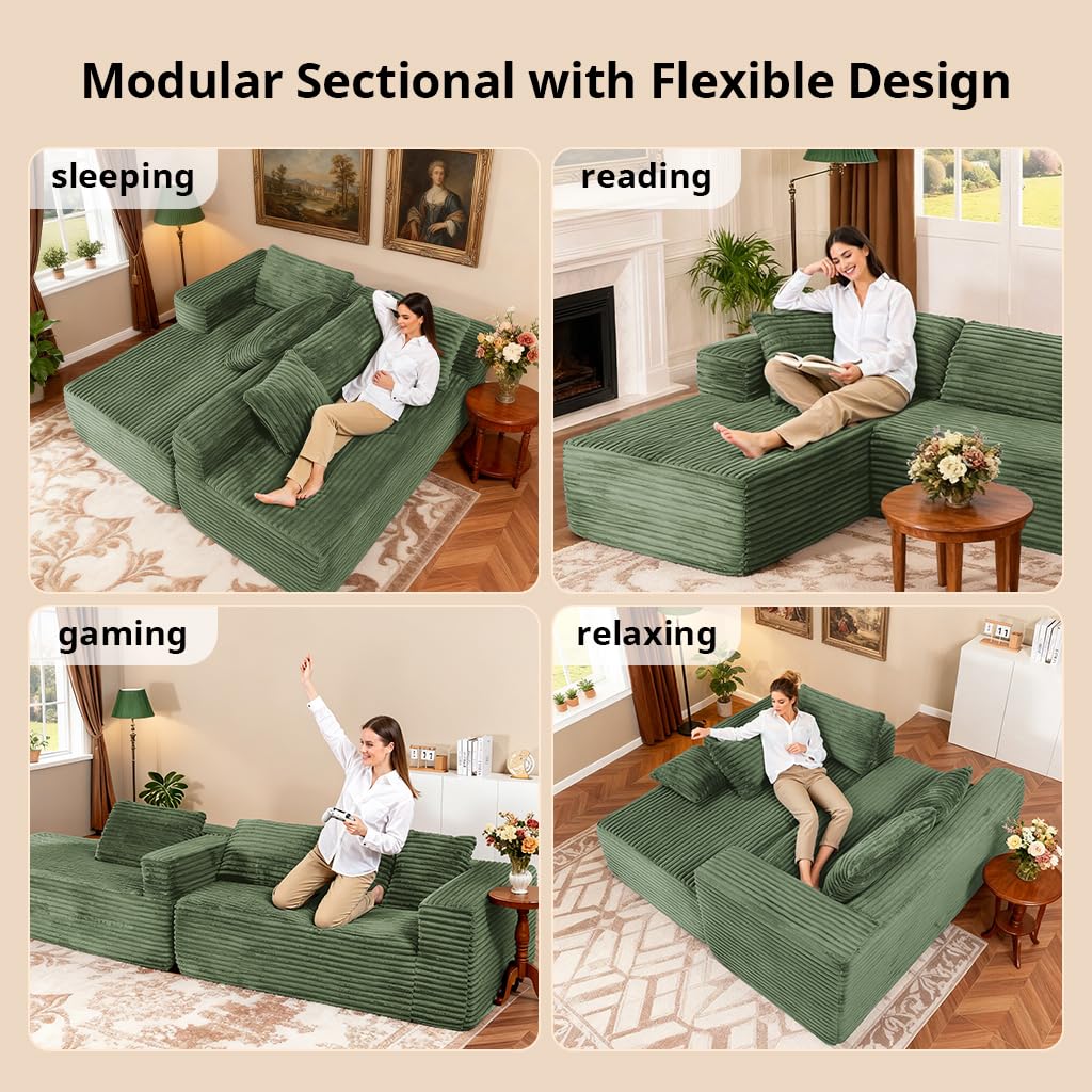 COMHOMA 105”Modular Sectional Sofa with Deep Seat,Cloud Upholstered L-Shape Couch Wide Arms Corduroy Fabric High-Density Foam Chaise Lounge for Living Room No Assembly Required,Green
