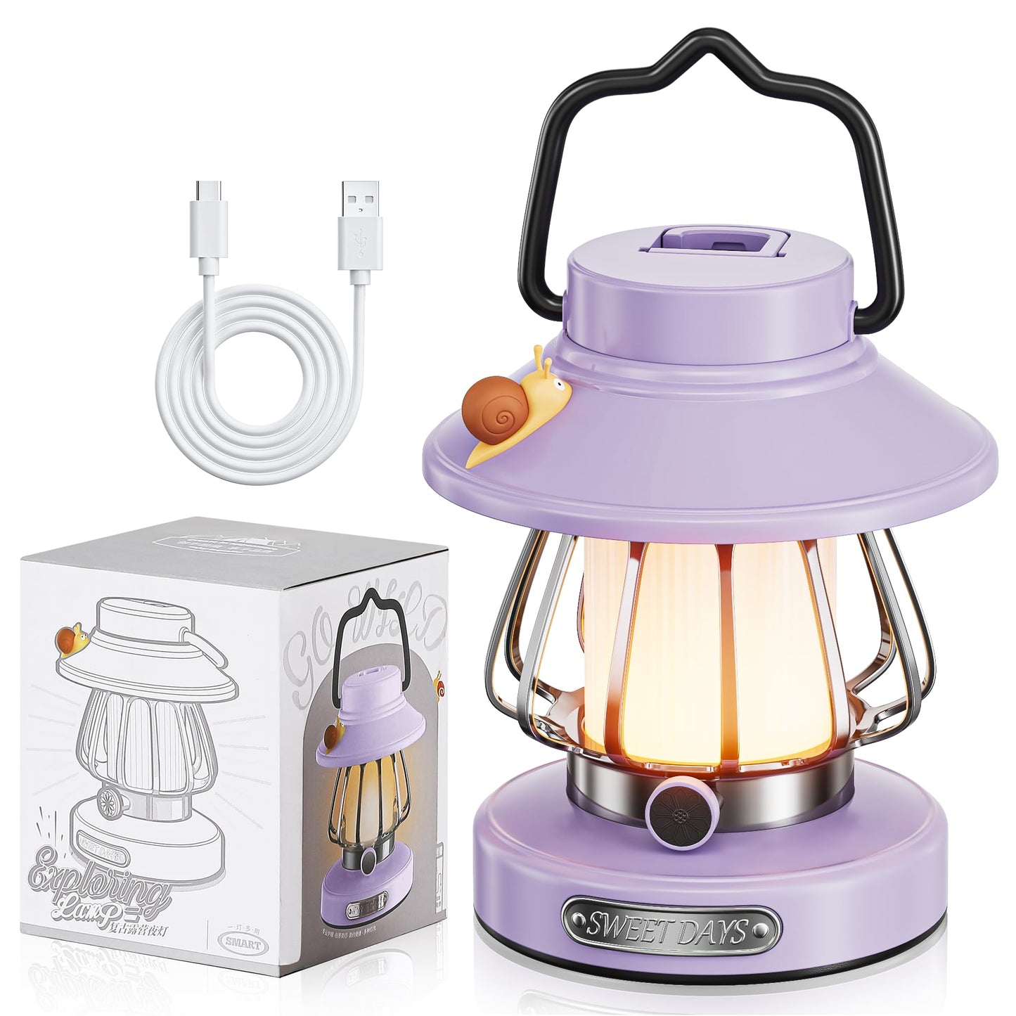 V.C.Formark Retro Snail Kids Lantern - USB Rechargeable LED Night Light, 3-Color Dimmable, Plastic, Purple, Model VC-CA-Purple