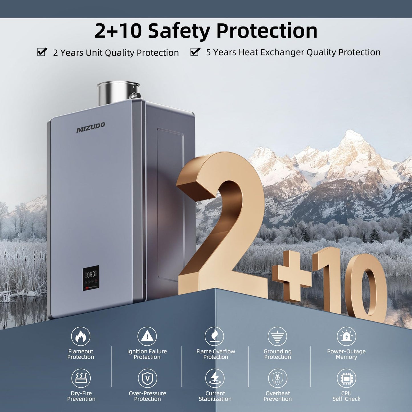 MIZUDO Natural Gas Tankless Water Heater, 199,000 BTU, Indoor Installation, Max 10.3 GPM, WiFi&APP Control, Non Condensing, High Efficiency for Large Families Residential Whole House