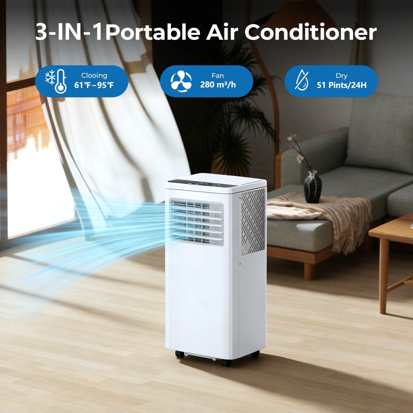 COWSAR 8,000 BTU Portable Air Conditioner | Cools Up to 350 Sq.Ft, 4-in-1 AC with Remote, LED Display & 24H Timer, Complete Installation Kit, White