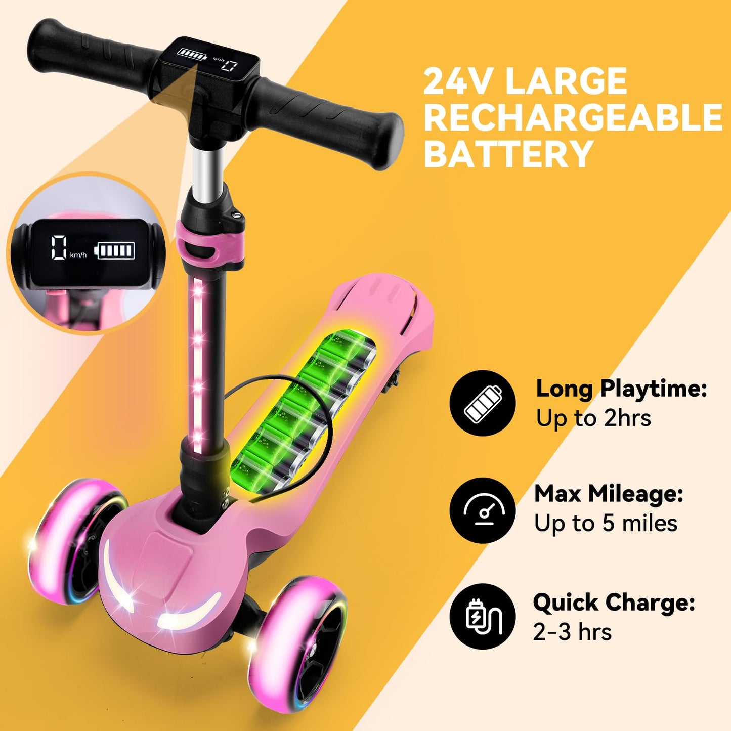 24V Electric Scooter for Kids w/150W Powerful Motor, Thumb Throttle, LCD Screen, Bluetooth, Light-Up Stem Deck & Wheels, 3 Adjustable Heights, 5MPH Safe Speed, 3 Wheel Electric Scooter for Kids, Pink