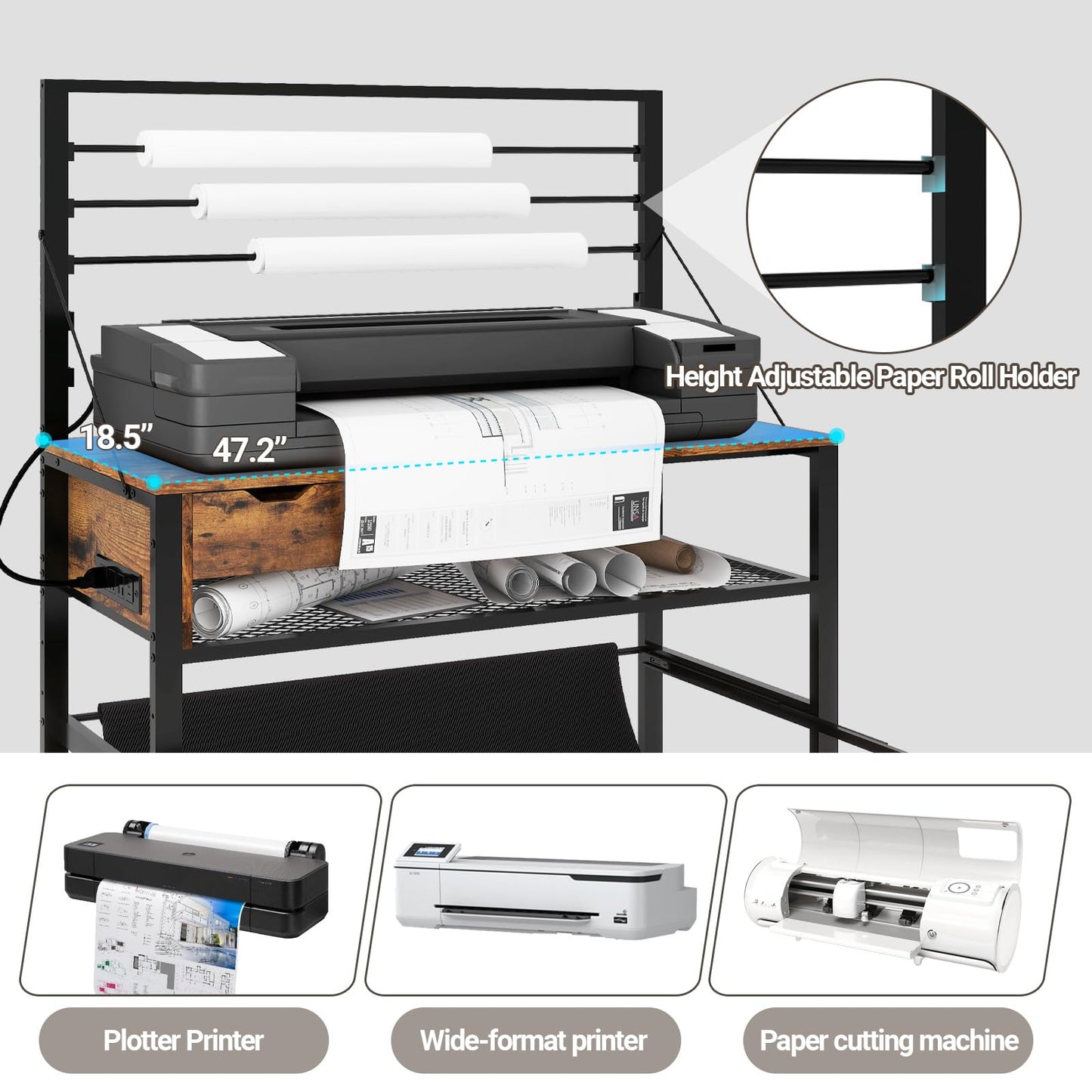 Natwind Wide Format Printer Stand, Plotter Workbench Table with Pull-Out Drafting Storage, Roll Paper Holder, Accessory Drawer, Adjustable Storage Shelf for Plotters and Cutting Machines (Retro)