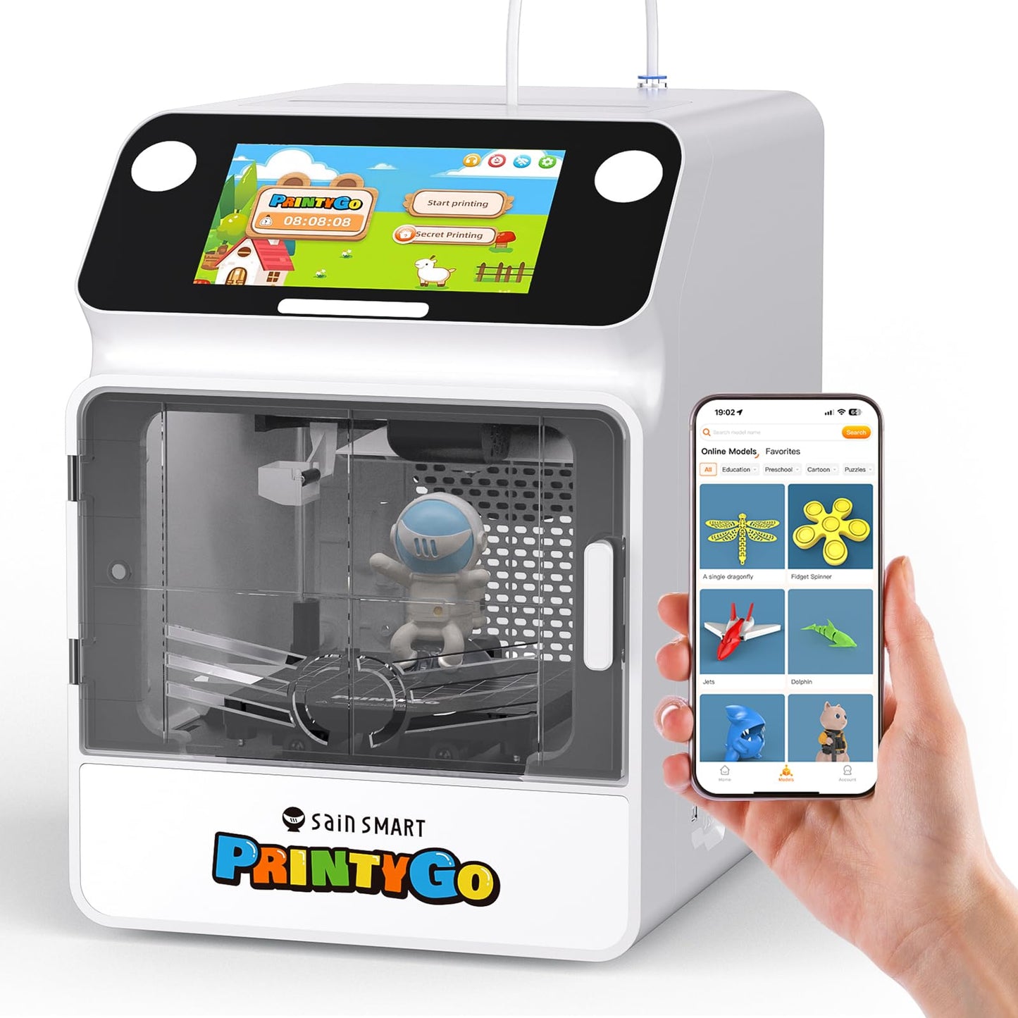 SainSmart PrintyGo 3D Printer for Kids, 600mm/s Auto Leveling Printer for Beginners with 5" Touch Screen, 1500+ Models, Child-Safe Design, Wi-Fi/App Control, Pre-Assembled for STEM Learning Gift