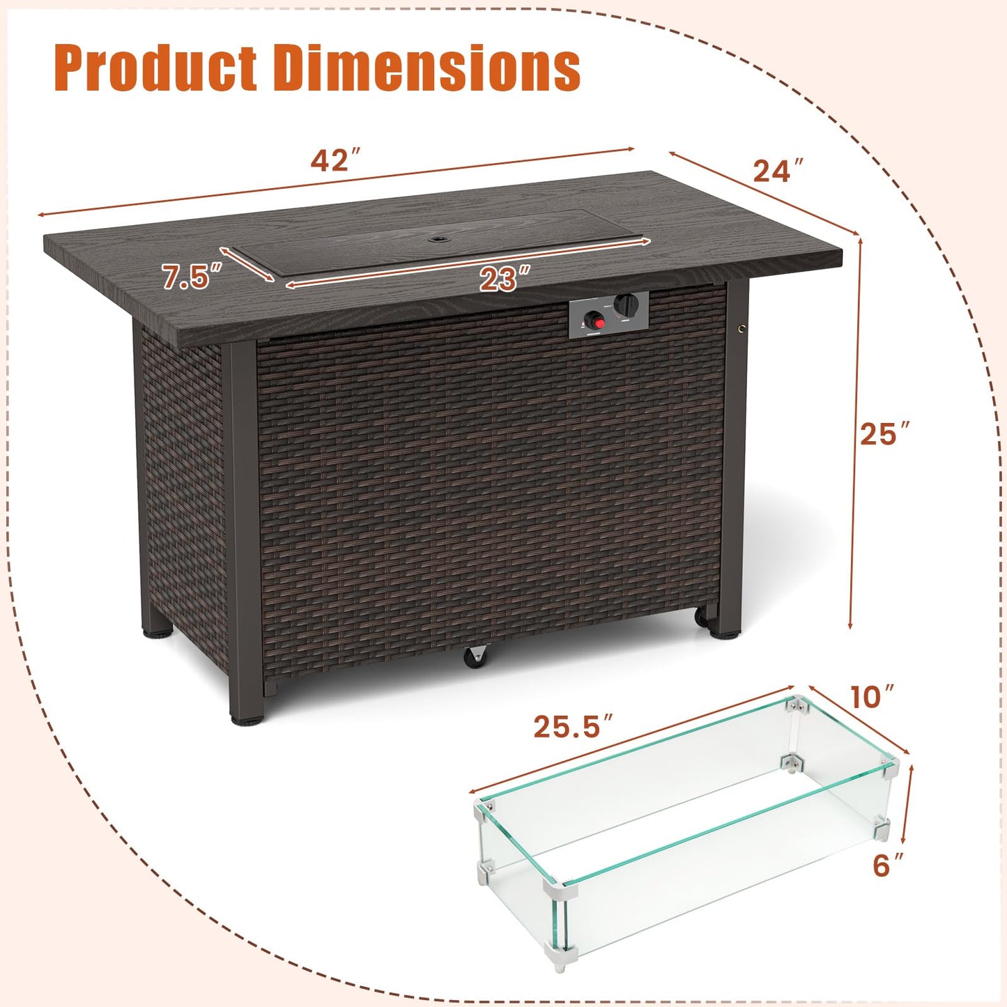 Tangkula Outdoor Propane Fire Pit Table, 42 Inch Rectangular Rattan Fire Table with Wind Guard & Glass Rocks, 50,000 BTU Smokeless Gas Fire Pit for Outside Patio (Brown)
