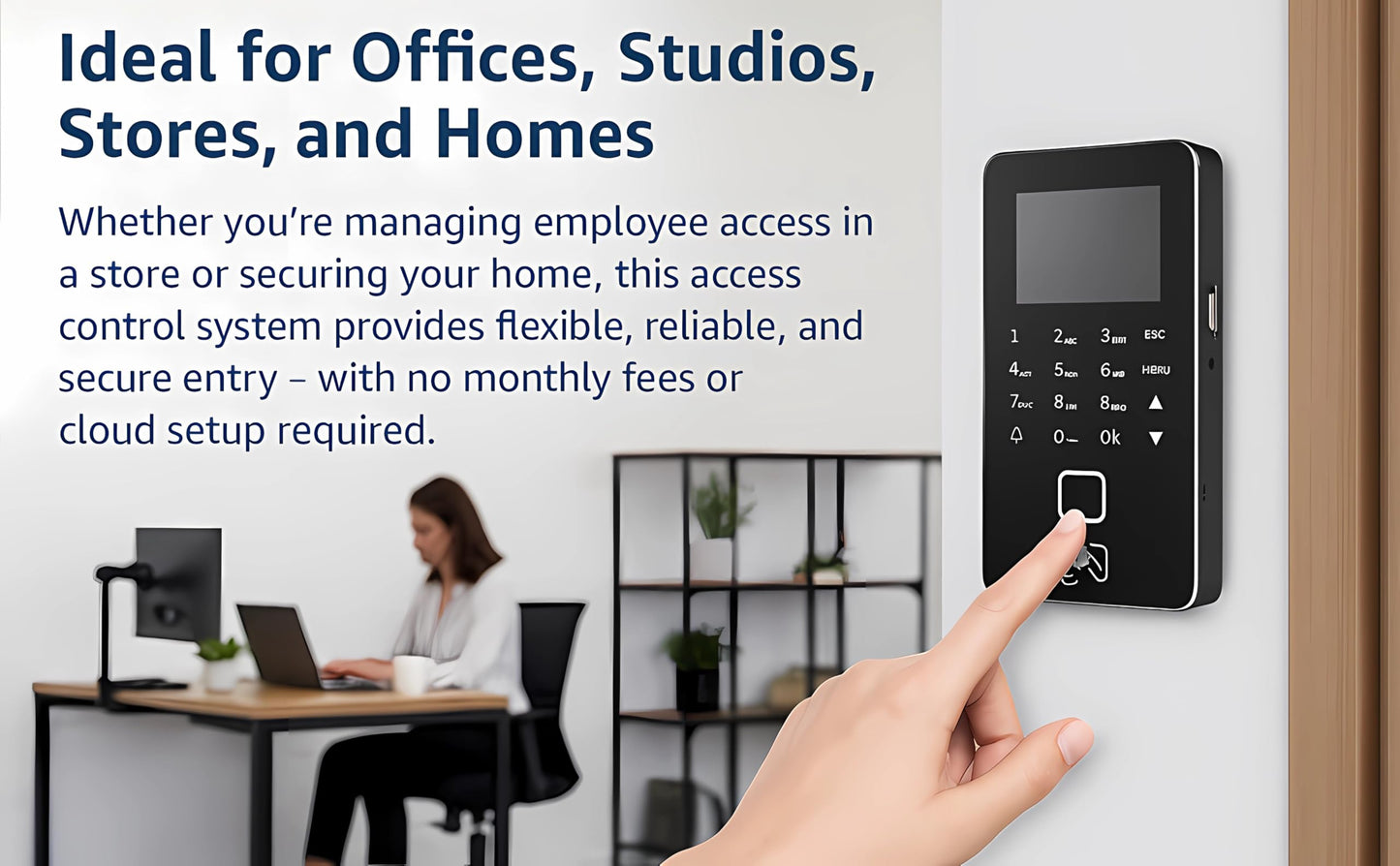 Biometric Access Control System with Fingerprint, Keypad, RFID, Infrared Exit Button, 1200lb Magnetic Lock, LCD Display, USB Download, Attendance Tracking, Timed Unlock,for Office, Store, Home