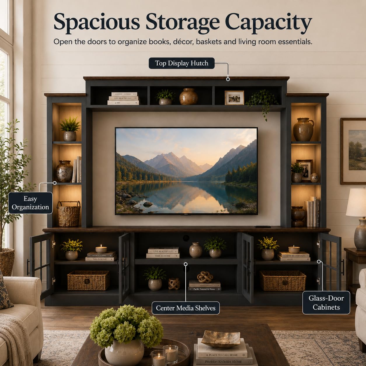 Nordivale Black Farmhouse TV Stand, Entertainment Center, 98" Wall Unit Media Console with Bookshelf, Cabinet & Power Outlets & Barn Doors, Fits TVs Up to 75” for Living Room