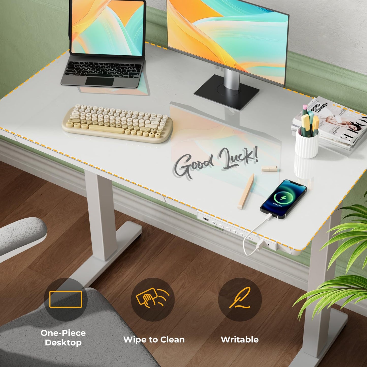 JYLH JOYSEEKER Glass Electric Standing Desk with Drawer, 35" x 20" Whole Piece Small Sit Stand Table, Height Adjustable Desk with Storage & USB Ports, Quick Install Home Office Computer Desk, White