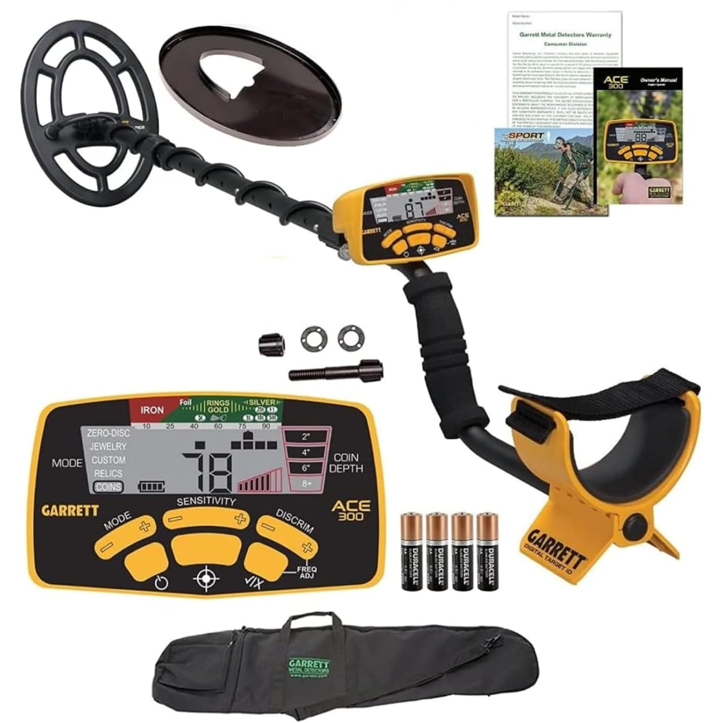 Garrett ACE 300 Metal Detector Bundle – Made in the USA - Digital Target ID, Iron Resolution, Adjustable Frequency, Includes Carry Bag, & Searchcoil Cover