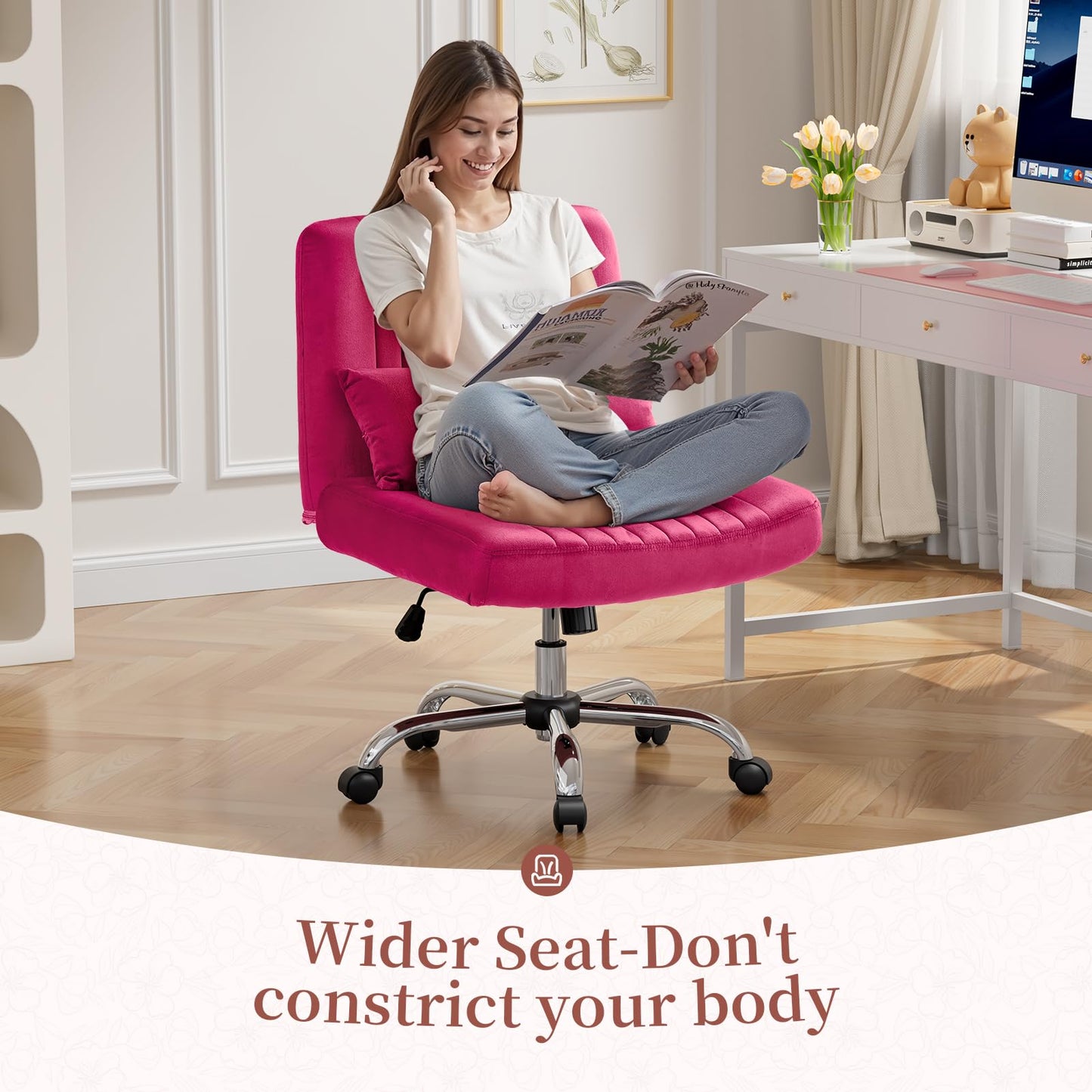Warmiehomy Criss Cross Office Chair with Wheels, Velvet Cross Legged Desk Chairs for Home, Height Adjustable Swivel Wide Seat Computer Chair, Modern Vanity Chair for Women, Hot Pink
