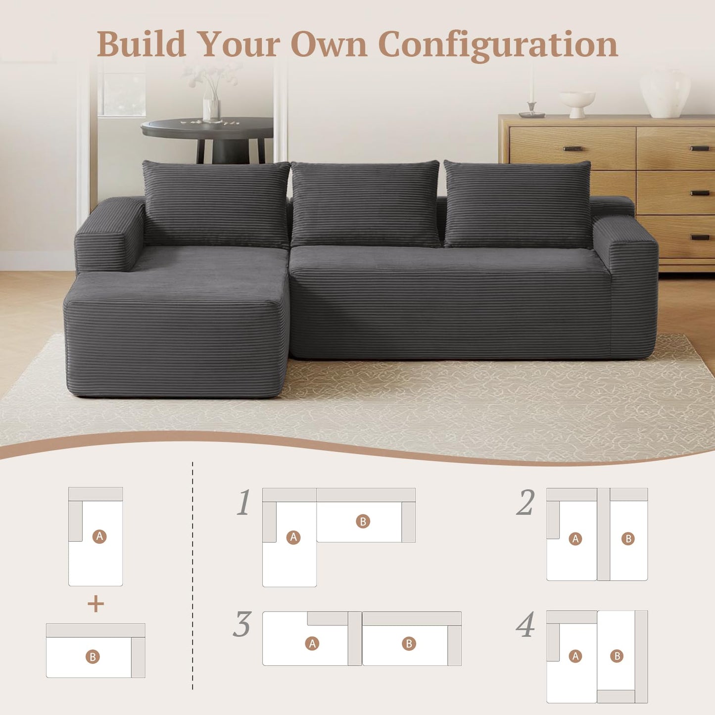 Yafylly 96.9 Inch Boneless L-Shaped Sectional Sofa, No Assembly Compressed Modular Couch with Memory Foam Deep Seat, Throw Pillow & Side Pockets for Living Room, Bedroom, Apartment, Grey Left