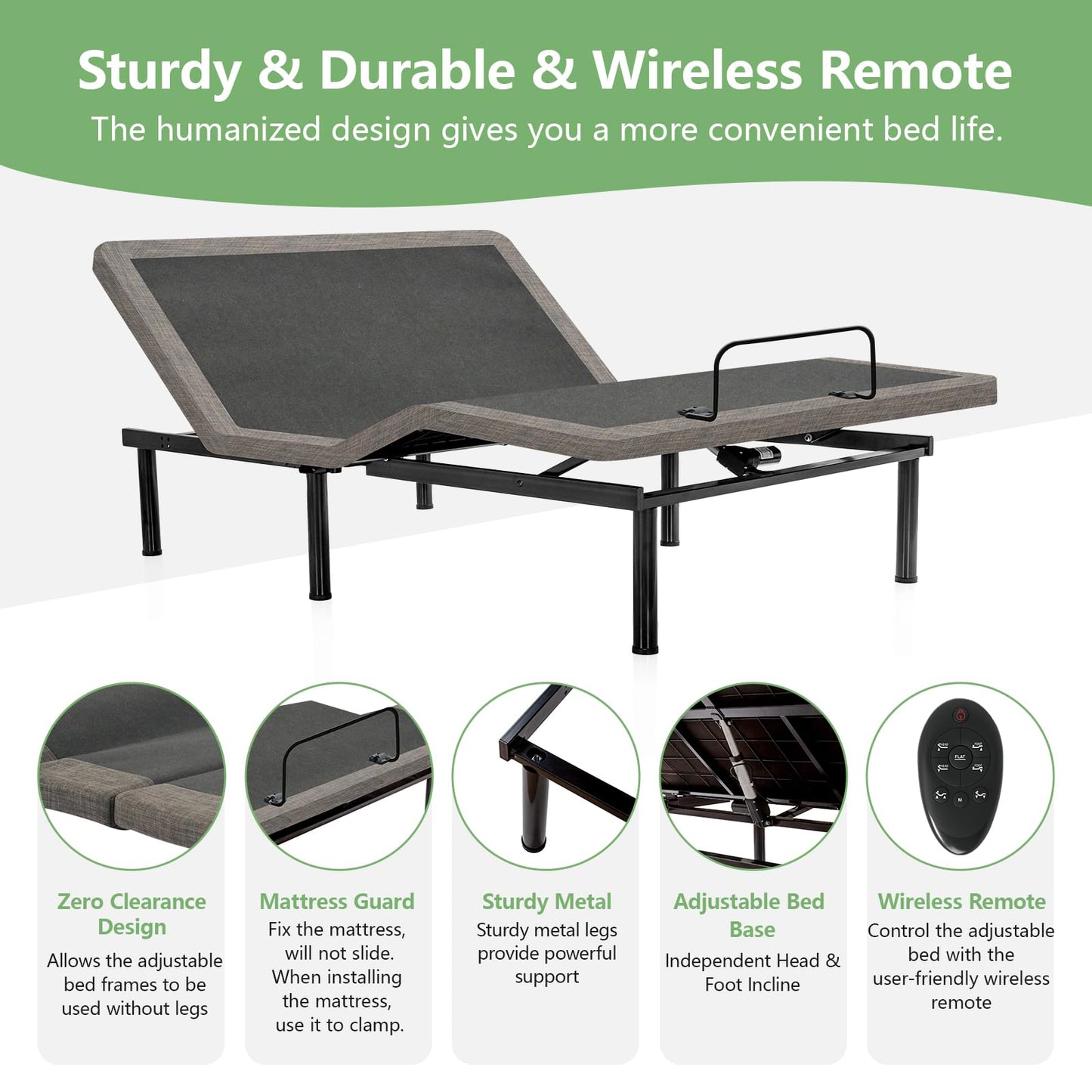 Split King Adjustable Bed Frame with Wireless Remote + 12 Inch Grey Gel Medium Firm Memory Foam Mattress in a Box, Head and Foot Incline,0 Gravity/Anti-Snore,Sturdy Smart Electric Bed Base, 80" × 76"