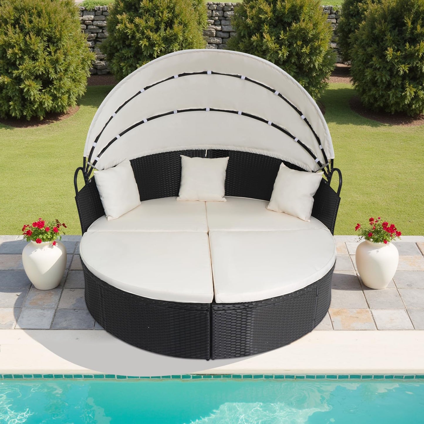 FDW Outdoor Round Daybed Wicker Patio Furniture Outdoor Furniture with Retractable Canopy Rattan Separated Seating Sectional Sofa Khaki Washable Cushioned and Three Pillow for Patio Backyard