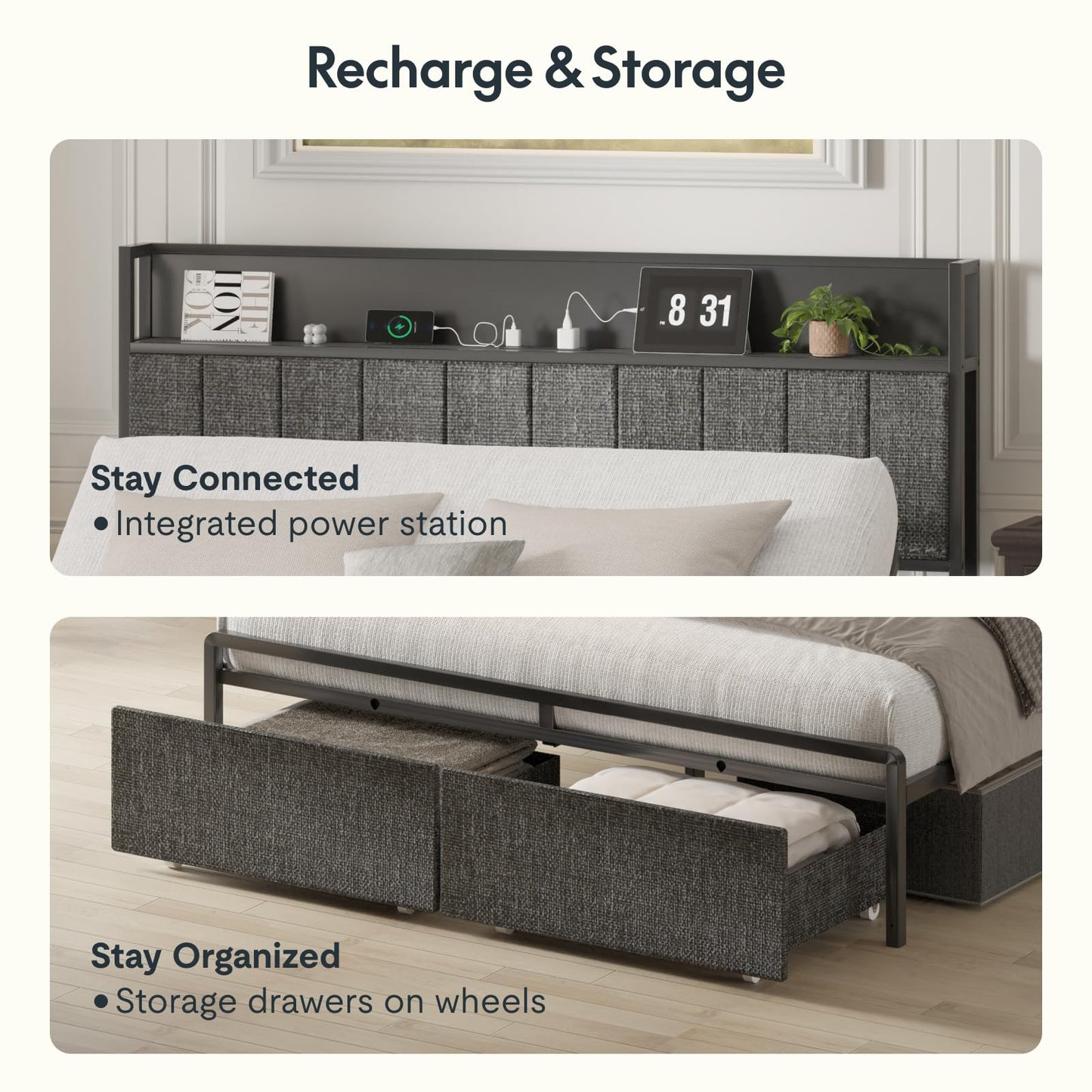 FLEXISPOT Queen Adjustable Bed with Storage Headboard, Charging Station, Head Incline, LED Lighting, Storage Drawers, Quiet Powerful DC Motor, and Easy Assembly