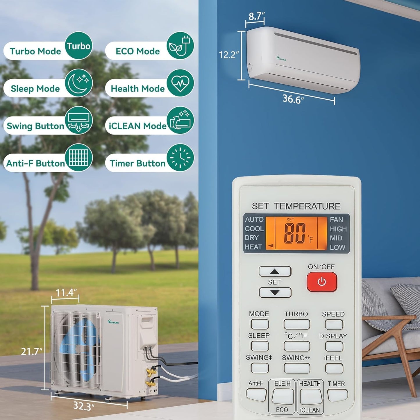 YITAHOME 24000 BTU Mini Split AC/Heating System, Ductless Mini Split Air Conditioner Heat Pump,230V 18.5 SEER2 Energy Efficient Inverter AC Unit,Wifi Enabled Compatible with Alexa for Apartment,Garage