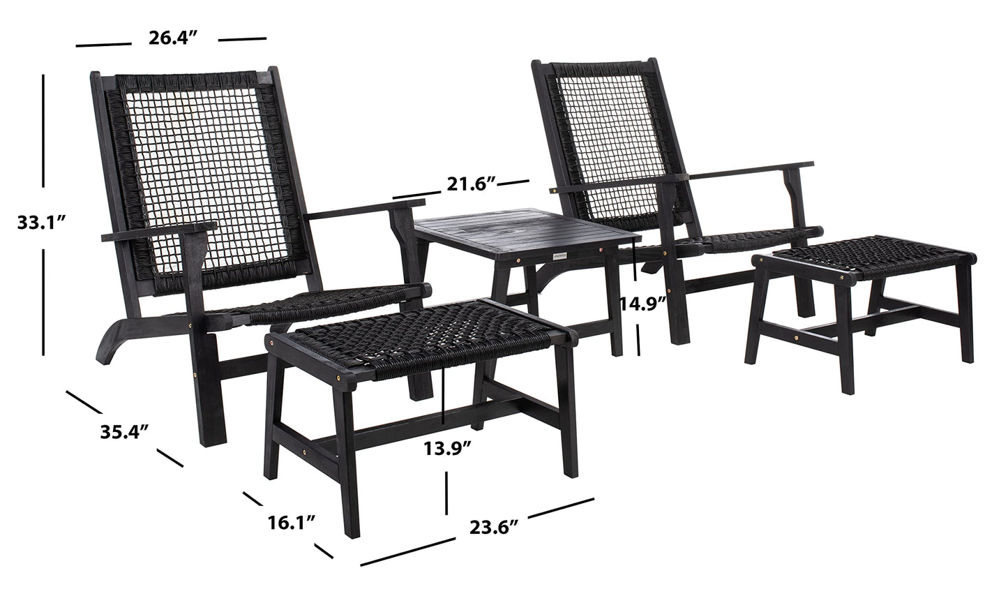 SAFAVIEH Outdoor - Chantelle Lounge Set - Black & Black - Solid Wood with Cushion - Coastal Low-Seat Design - Ideal for Patio, Deck, Porch, Backyard (PAT7076C)