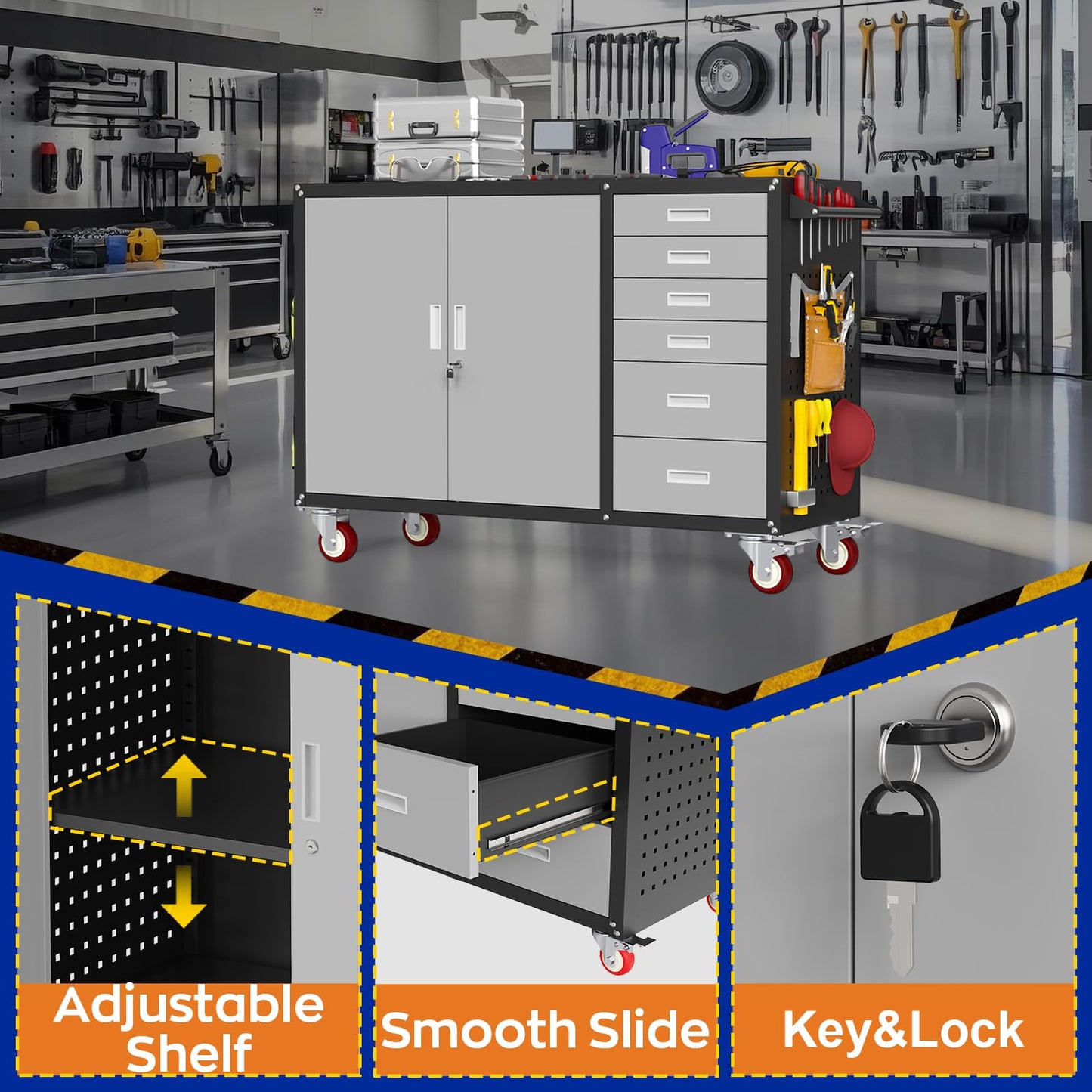 Eltean 55" W Rolling Workbench with 6 Drawers and Storage Cabinet,1000 LB Capacity Heavy Duty Work Bench with Pegboard and Adjustable Shelf,Garage Workbench with Wheels for Repair Shop/Workshop