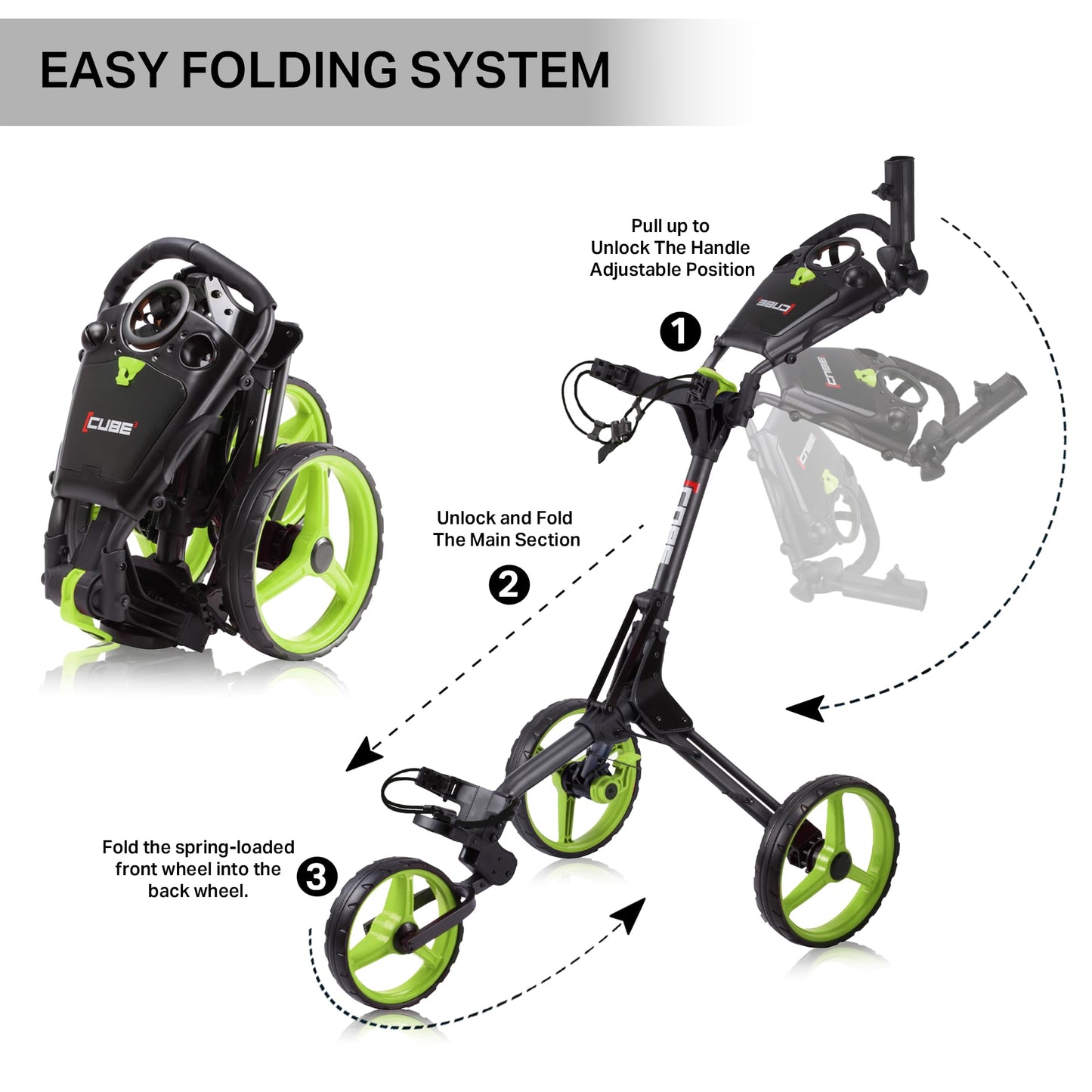 CUBE CART 3-Wheel Golf Push Cart – Ultra-Compact 14.5 lb Folding Golf Trolley, Two-Step Fold, Adjustable Handle, Foot Brake, Umbrella Holder & Built-in Storage - Charcoal/Lime