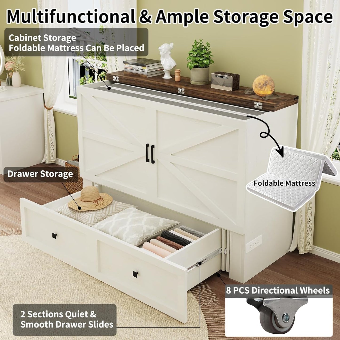 Garvee Farmhouse Queen Murphy Bed with Charging Station & Easy Fold-Down - 900lbs Capacity Heavy Duty Murphy Bed Cabinet with Storage for Living Room, Bedroom, Office