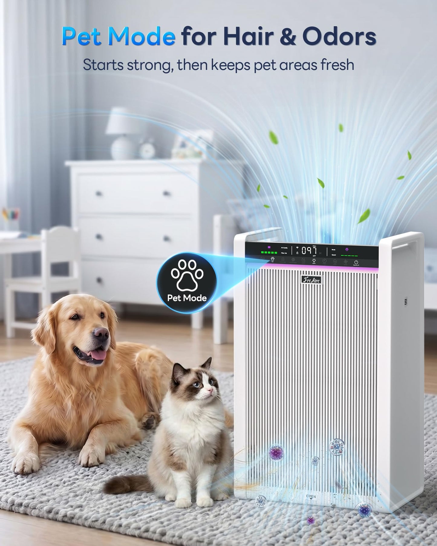 FreAire Air Purifiers for Home Large Room Up to 3,850 Ft², HEPA Air Purifier with Smart APP Control, Large PM2.5 Display, Auto Pet ECO Modes & Washable Pre-Filter, Removes PoIIen Pet Dander Smoke