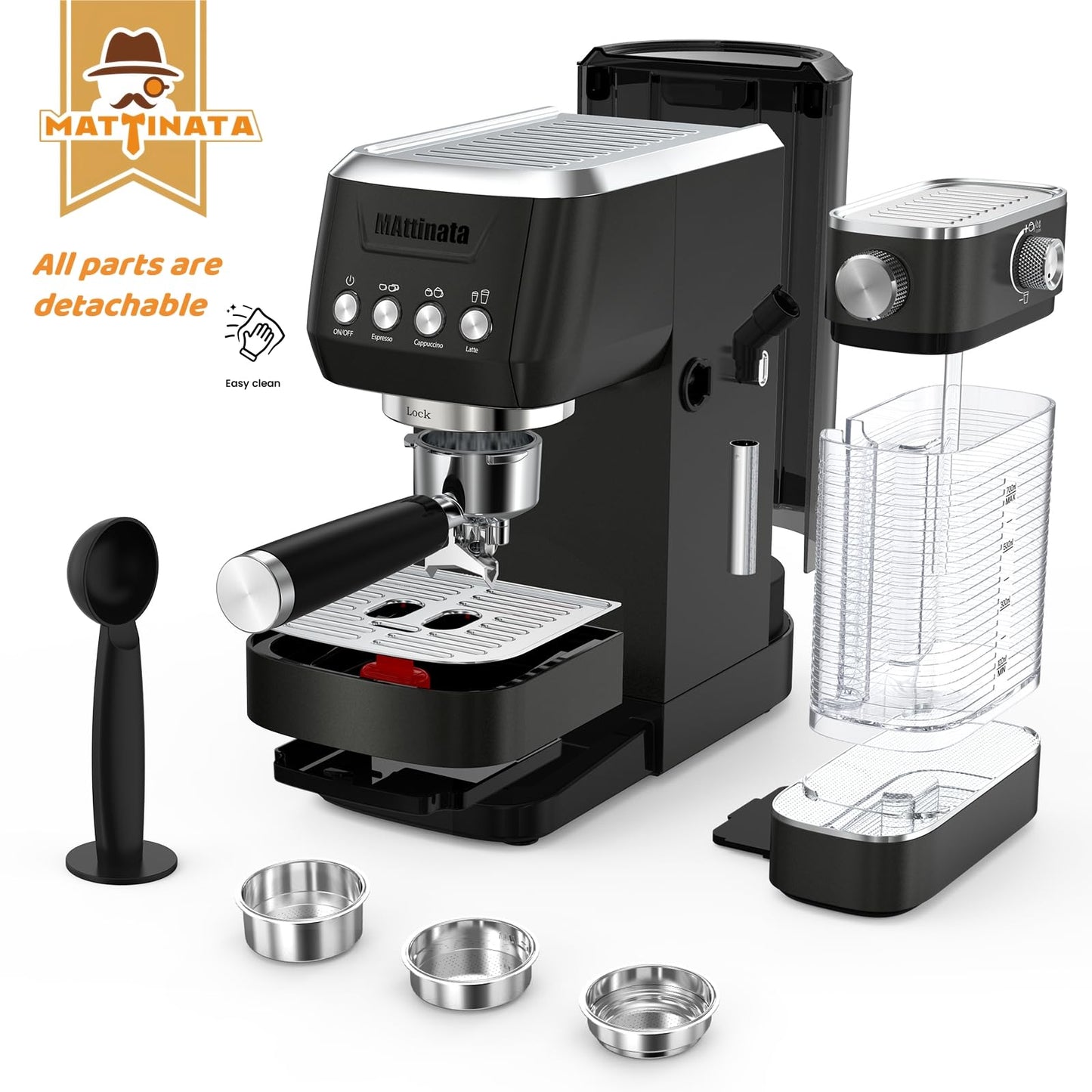 MAttinata Cappuccino Machine 20 Bar, Professional Espresso Machines for Home and Office with Automatic Milk Frothering System, Barista Compact Latte Maker for Coffee Lovers, Stainless Steel-Black