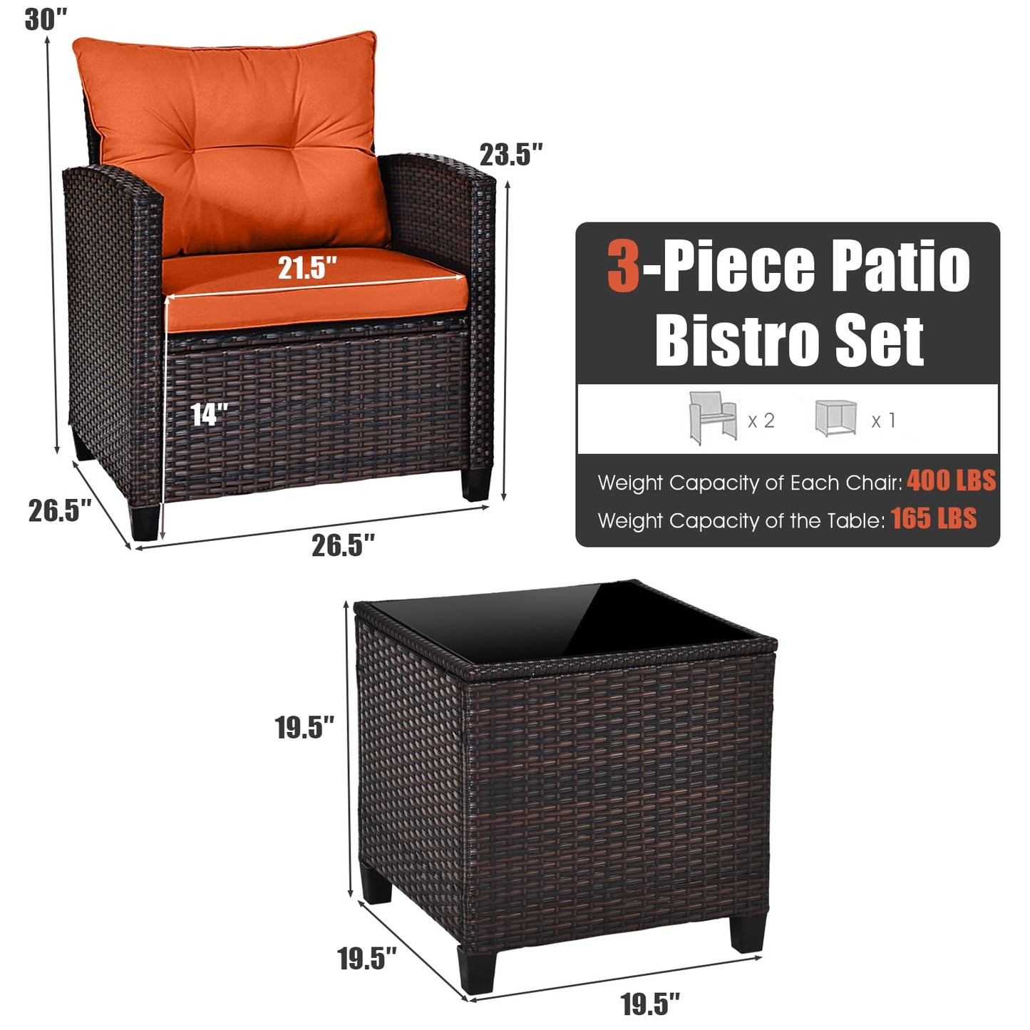 COSTWAY 3PCS Patio Furniture Set, PE Rattan Wicker Sofa w/Washable Cushion and Coffee Table, Tempered Glass Tabletop, Outdoor Conversation Set for Balcony, Porch, Yard, Backyard, Lawn (Orange)