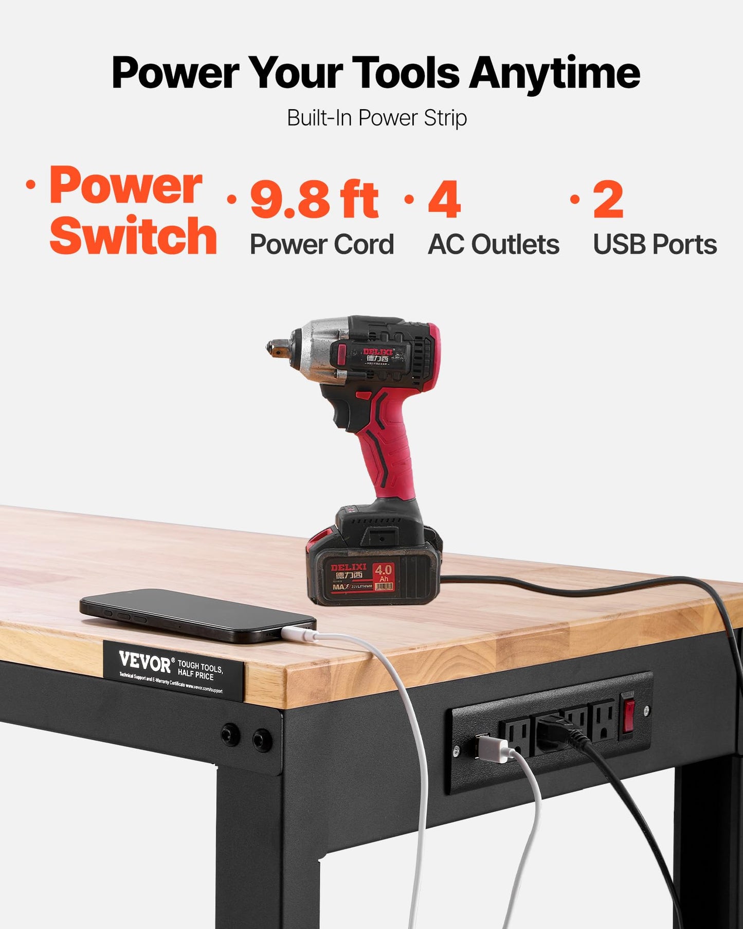 VEVOR Adjustable Workbench, 2000 lbs Capacity, 61 x 20-inch Heavy Duty Work Bench with 27.1-36 Inches Height Adjustment, Garage Workbench with Power Outlets, Suitable for Office, Garage, Workshop