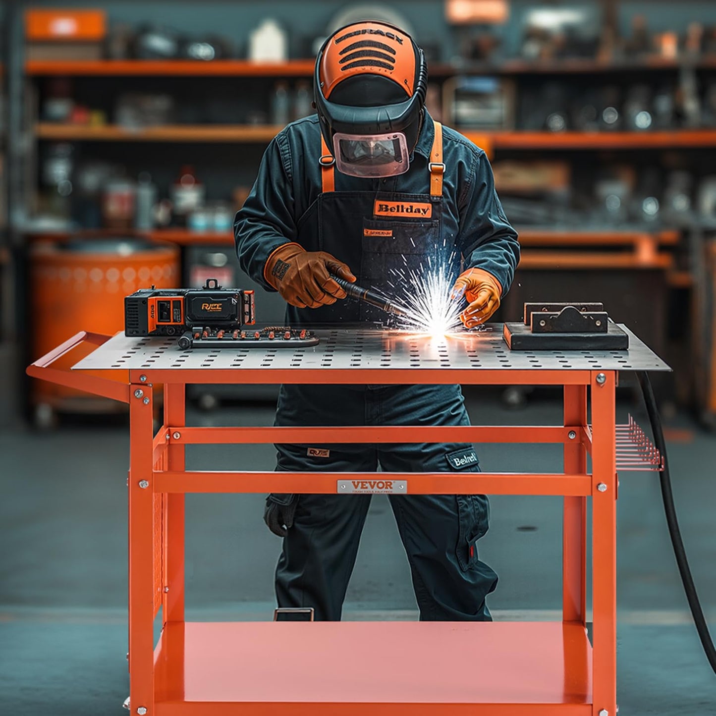 VEVOR Welding Table, 40" x 24" Welding Workbench Table with 800LBS Static Weight Capacity, Movable Steel Work Bench with 4 Wheels (2 with Brake), Double-Layer Storage Board and 5/8-inch Fixture Holes